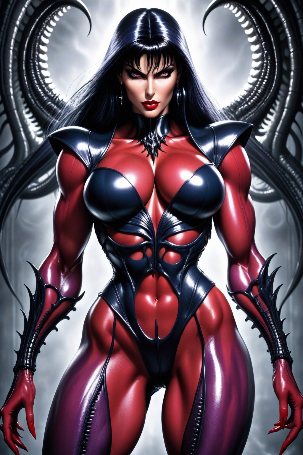 Extremely busty and extremely muscular Sailor Mars, ,leg spread, female body builder type, very demonic looking, corrupted, evil, highly sexualized, seductress, venomized, veiny cracked skin(H.R. Giger Art style:2)