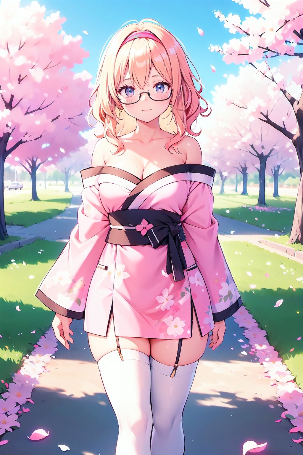 (glasses),(spring, flowers, petals, flowering, flowering trees,flowers around, carpet of flowers, field of flowers, cherry tree, blossom, petals, street, city street, park), (atmosphere), earring, Looking at Viewer, pink clothes , strapless,off shoulder kimono, cleavage, thighhighs, (thighs), thighs gap, ((Medium hair)), (Blonde hair), (Wavy hair), (Thick hair), Glossy shine hair, (hair band) , standing, smile, 