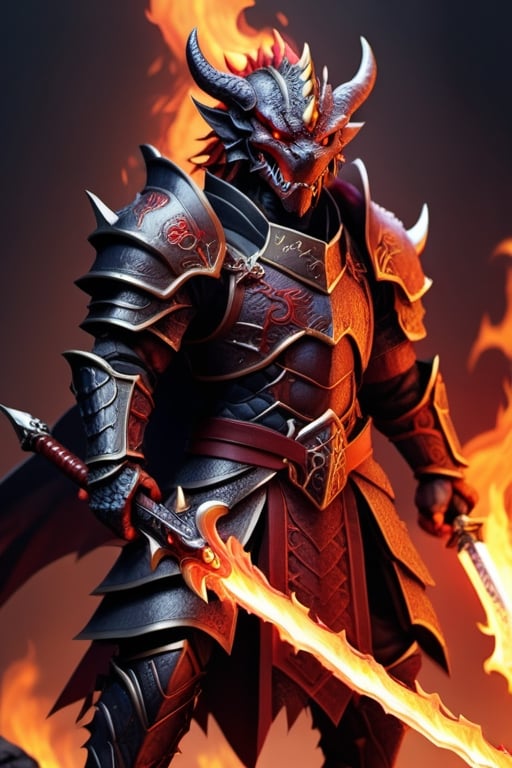 a half-dragon demon wearing armor and holding a fire sword in his hand