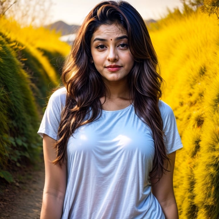 beautiful cute young attractive indian teenage girl, village girl, 18 years old, cute, Instagram model, long black_hair, colorful hair, warm, dacing, black top,  indian,nepali