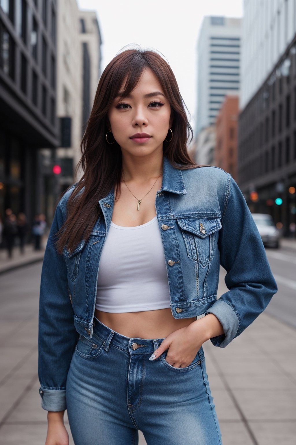 beautiful detailed eyes, tight jeans, cropped denim jacket, kairi sane face, make-up