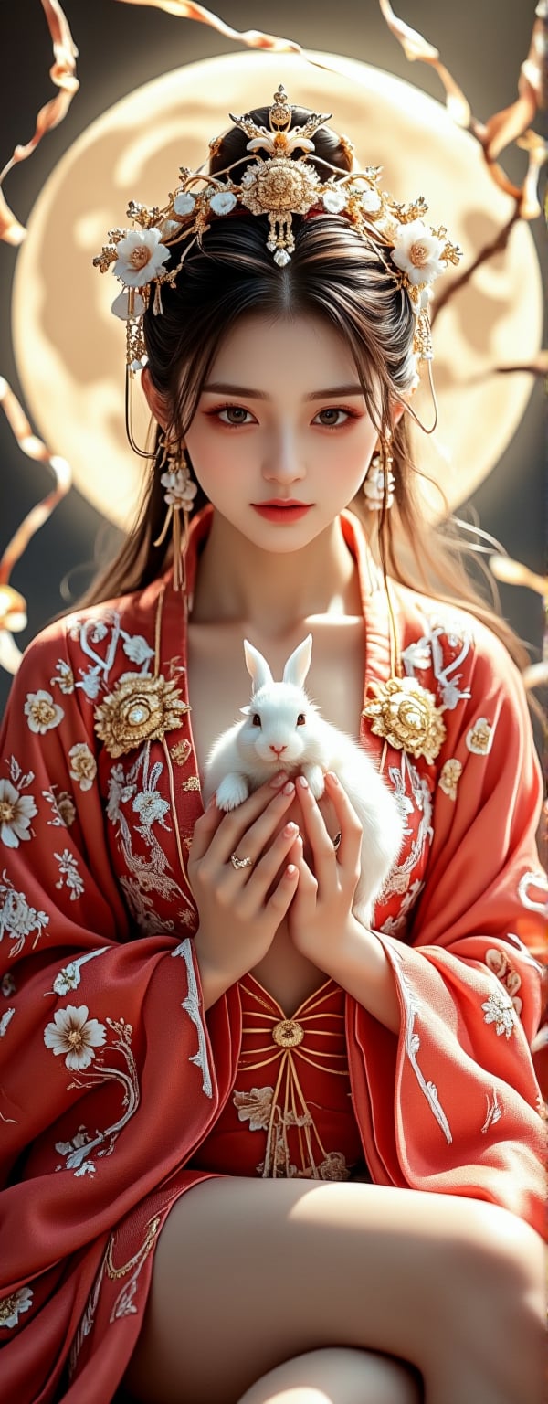 Best quality, masterpiece, ultra high res, (photorealistic:1.5), raw photo, (Masterpiece, Top Quality, Best Quality, Official Art, Beauty and Aesthetics: 1.2), A graceful young woman wearing a traditional Chinese *dudou*, richly embroidered in red and gold with delicate floral patterns, sits gracefully at the center of the frame. She gazes directly into the camera with a calm, almost divine expression, holding a pure white rabbit gently in her hands. The *dudou*'s shimmering fabric accentuates her elegance, while translucent silk ribbons float weightlessly around her, adding a touch of softness and grace. The shot captures her from head to thigh, framed by the soft glow of a full moon behind her. Golden tendrils of light dance around her, amplifying the sense of her celestial, goddess-like aura. The floating silk and the peaceful rabbit she holds give the scene a mystical, ethereal feel.