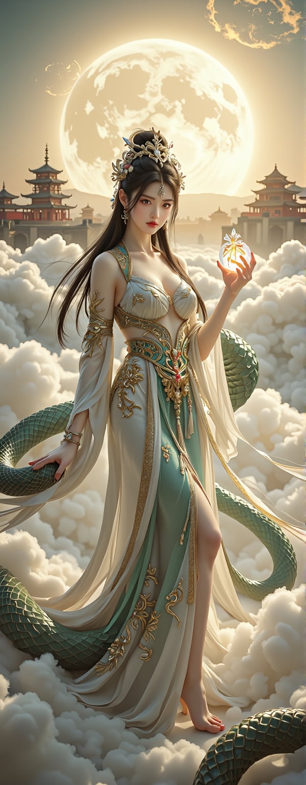 Best quality, masterpiece, ultra high res, (photorealistic:1.5), raw photo, (Masterpiece, Top Quality, Best Quality, Official Art, Beauty and Aesthetics: 1.2), A majestic depiction of Nüwa, the ancient Chinese goddess with a human head and a snake's body. Her upper body features elegant, flowing robes adorned with intricate golden embroidery, and (her snake tail begins gracefully from her waist:1.5), shimmering with iridescent scales in shades of emerald and sapphire. She is surrounded by a celestial landscape of swirling clouds, glowing with a soft golden light, holding a glowing orb that symbolizes life and creation. In the background, ancient temples rise above a misty horizon, symbolizing her divine connection to the heavens,forehead mark, high contrast, (grayscale:-1.5)