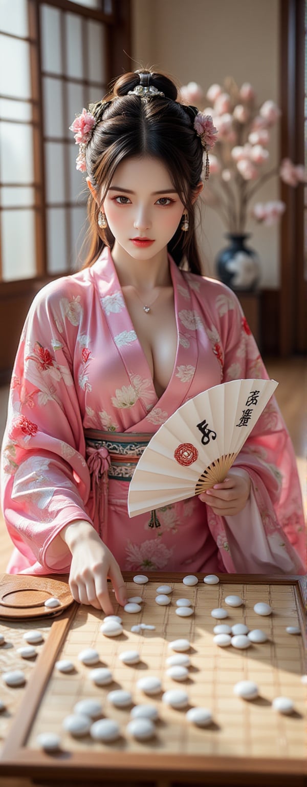 A well-dressed woman stands beside a super car, Best quality, masterpiece, ultra high res, (photorealistic:1.5), raw photo, (Masterpiece, Top Quality, Best Quality, Official Art, Beauty and Aesthetics: 1.2), A serene scene featuring a young woman in a vibrant pink and white floral-patterned kimono, seated at a traditional Go board. The Go board, marked with a precise 19x19 grid, is scattered with white and black Go stones in the midst of a tense match. Her delicate hands are in the process of positioning a smooth white stone, while she holds an ornate fan with kanji symbols in her other hand. A classic tea set rests nearby, hinting at a peaceful tea ceremony, as soft, diffused sunlight filters through the room. The peaceful setting contrasts with the quiet intensity of the ongoing Go game, evoking a sense of strategy and reflection.,Eroflo