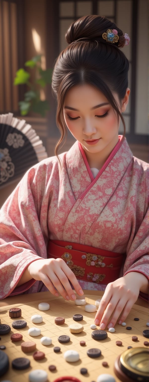 A well-dressed woman stands beside a super car, Best quality, masterpiece, ultra high res, (photorealistic:1.4), raw photo, (Masterpiece, Top Quality, Best Quality, Official Art, Beauty and Aesthetics: 1.2), A serene scene featuring a young woman in a vibrant pink and white floral-patterned kimono, seated at a traditional Go board. The Go board, marked with a precise 19x19 grid, is scattered with white and black Go stones in the midst of a tense match. Her delicate hands are in the process of positioning a smooth white stone, while she holds an ornate fan with kanji symbols in her other hand. A classic tea set rests nearby, hinting at a peaceful tea ceremony, as soft, diffused sunlight filters through the room. The peaceful setting contrasts with the quiet intensity of the ongoing Go game, evoking a sense of strategy and reflection.,Eroflo