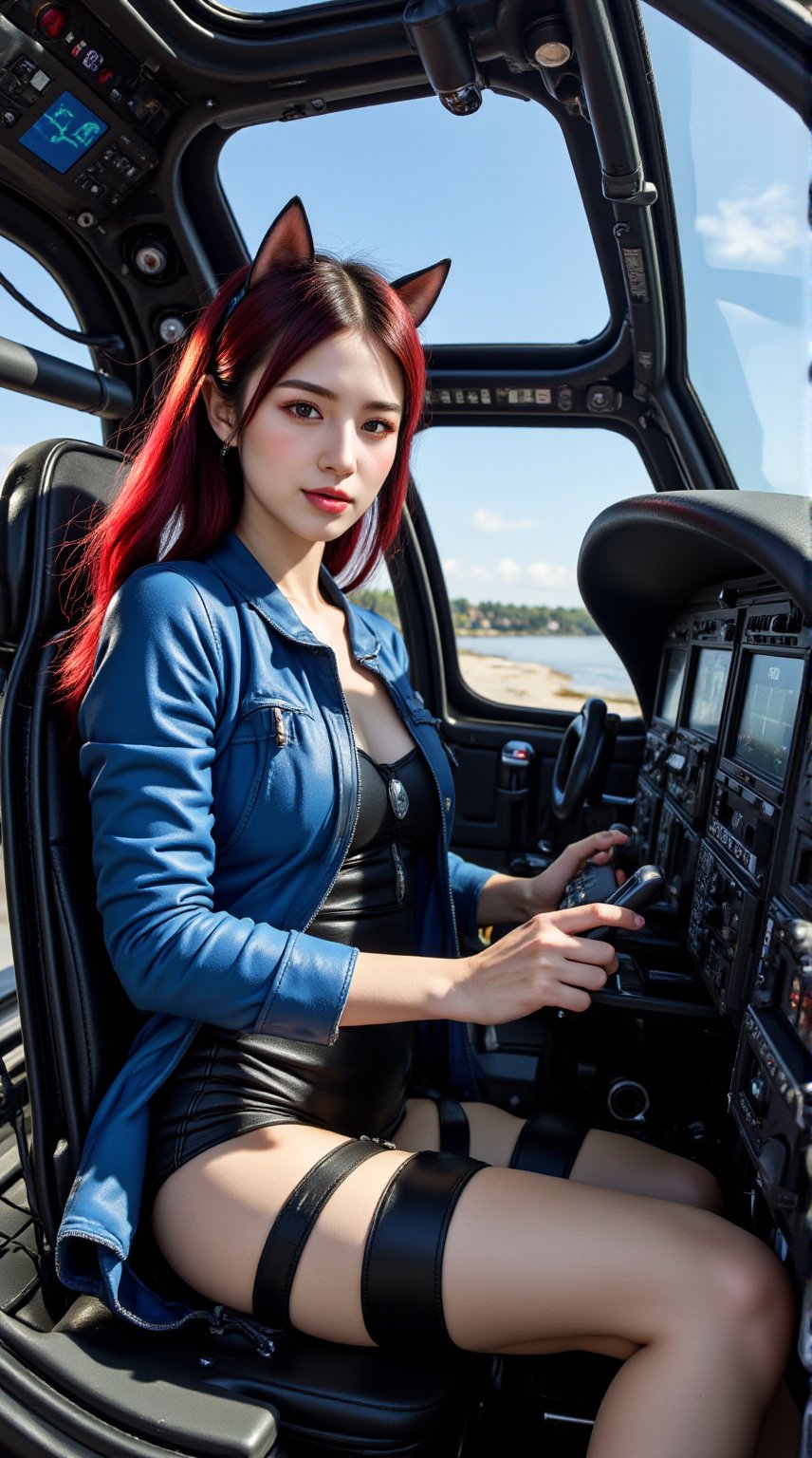 (Best quality, masterpiece, ultra high res, photorealistic:1.5, raw photo, fisheye wide-angle), 1girl, Japanese woman inspired by Shishiro Botan, positioned inside a Black Hawk attack helicopter. The cockpit is filled with futuristic technology, detailed control panels, and holographic displays. The woman is centered, her full body visible, wearing a blue leather jacket and leather shorts with inseam delta, red ankle-length hair flowing behind her, and cat ears. She looks sexy yet professional, her expression focused as she operates the helicopter. The fisheye wide-angle lens captures the entire cockpit, highlighting the complexity of the controls and her calm demeanor.