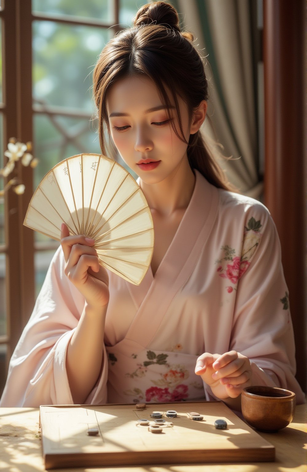 Best quality, masterpiece, ultra high res, (photorealistic:1.5), raw photo, (Masterpiece, Top Quality, Best Quality, Official Art, Beauty and Aesthetics: 1.2), A woman in a soft, flowing kimono adorned with pastel floral motifs carefully contemplates her next move in (a game of Go:1.5). With a graceful posture, she holds a hand fan, its delicate kanji symbols reflecting her refined taste. Her other hand hovers above the Go board as she places a stone with quiet focus. Beside her, a traditional tea set subtly enhances the elegance of the scene, while sunlight bathes her in a warm, ethereal glow, creating an intimate and culturally rich moment.