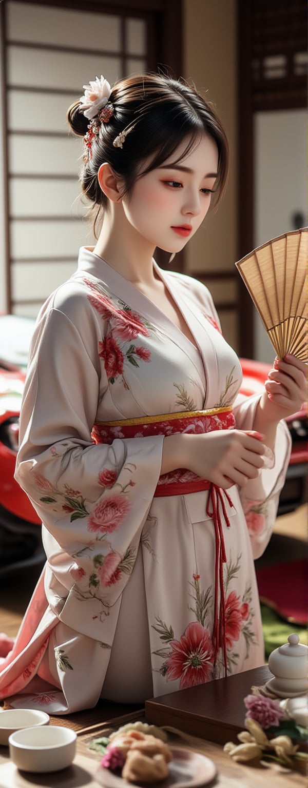 A well-dressed woman stands beside a super car, Best quality, masterpiece, ultra high res, (photorealistic:1.5), raw photo, (Masterpiece, Top Quality, Best Quality, Official Art, Beauty and Aesthetics: 1.2), The young woman, clad in a traditional floral kimono, pauses mid-game, her focus split between the fan she holds and the Go stone she is about to place. The scene around her is still, a tea set prepared for an unhurried afternoon. Light streams softly into the room, wrapping her in a gentle warmth. This image speaks of calm contemplation, a quiet interlude in the flow of life, deeply rooted in the rituals of Japanese heritage,Eroflo