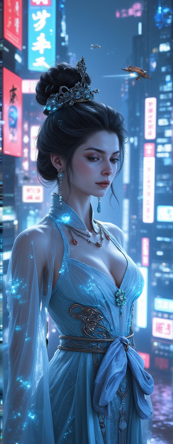 Best quality, masterpiece, ultra high res, (photorealistic:1.5), raw photo, (Masterpiece, Top Quality, Best Quality, Official Art, Beauty and Aesthetics: 1.2), A stunning woman in an ethereal, cyberpunk city, wearing an ancient Chinese-inspired gown made from transparent silk that flows like water. Her hair is styled intricately with jade pins and hanging tassels, with holographic ornaments subtly glowing. Her makeup includes shimmering silver eyeshadow and a glowing blush that gives her a futuristic, yet classical, appearance. The scene around her is filled with neon lights and futuristic skyscrapers, with holographic displays and flying vehicles. She is illuminated by the vibrant colors of the neon signs and floating digital symbols, blending the aesthetics of ancient China and high-tech futurism.,Eroflo,Wukong,FuturEvoLabScene