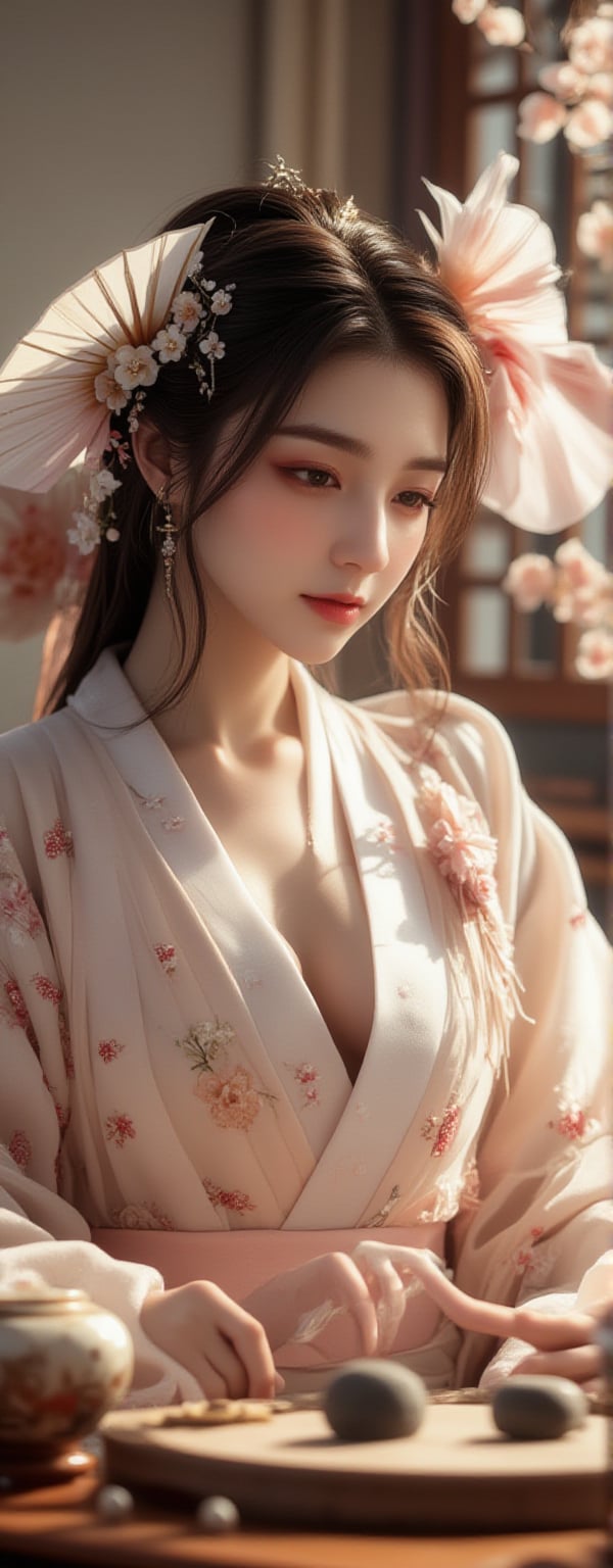 Best quality, masterpiece, ultra high res, (photorealistic:1.5), raw photo, (Masterpiece, Top Quality, Best Quality, Official Art, Beauty and Aesthetics: 1.2), A woman in a soft, flowing kimono adorned with pastel floral motifs carefully contemplates her next move in a game of Go. With a graceful posture, she holds a hand fan, its delicate kanji symbols reflecting her refined taste. Her other hand hovers above the Go board as she places a stone with quiet focus. Beside her, a traditional tea set subtly enhances the elegance of the scene, while sunlight bathes her in a warm, ethereal glow, creating an intimate and culturally rich moment.