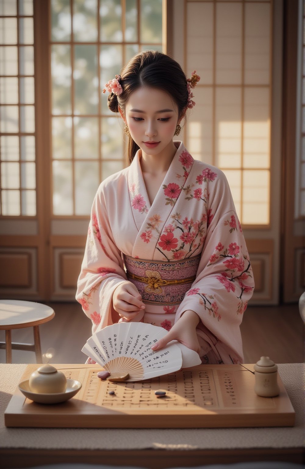 In a tranquil room, a woman in an intricately designed kimono with pink and white blossoms sits poised before a Go board. Her hands move with gentle precision, balancing between placing a Go stone and holding a fan that displays kanji, evoking a sense of cultural tradition. A tea set accompanies the scene, representing ritualistic harmony. The soft morning light enhances the peacefulness of the moment, emphasizing the timeless beauty of Japanese customs and games. Best quality, masterpiece, ultra high res, (photorealistic:1.5), raw photo, (Masterpiece, Top Quality, Best Quality, Official Art, Beauty and Aesthetics: 1.2), 