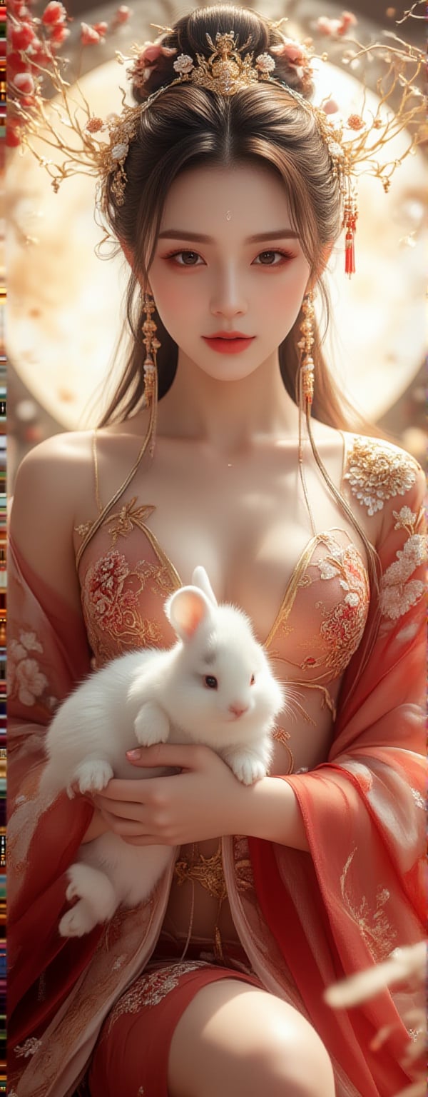 Best quality, masterpiece, ultra high res, (photorealistic:1.5), raw photo, (Masterpiece, Top Quality, Best Quality, Official Art, Beauty and Aesthetics: 1.2), A graceful young woman wearing a traditional Chinese *dudou*, richly embroidered in red and gold with delicate floral patterns, sits gracefully at the center of the frame. She gazes directly into the camera with a calm, almost divine expression, holding a pure white rabbit gently in her hands. The *dudou*'s shimmering fabric accentuates her elegance, while translucent silk ribbons float weightlessly around her, adding a touch of softness and grace. The shot captures her from head to thigh, framed by the soft glow of a full moon behind her. Golden tendrils of light dance around her, amplifying the sense of her celestial, goddess-like aura. The floating silk and the peaceful rabbit she holds give the scene a mystical, ethereal feel.