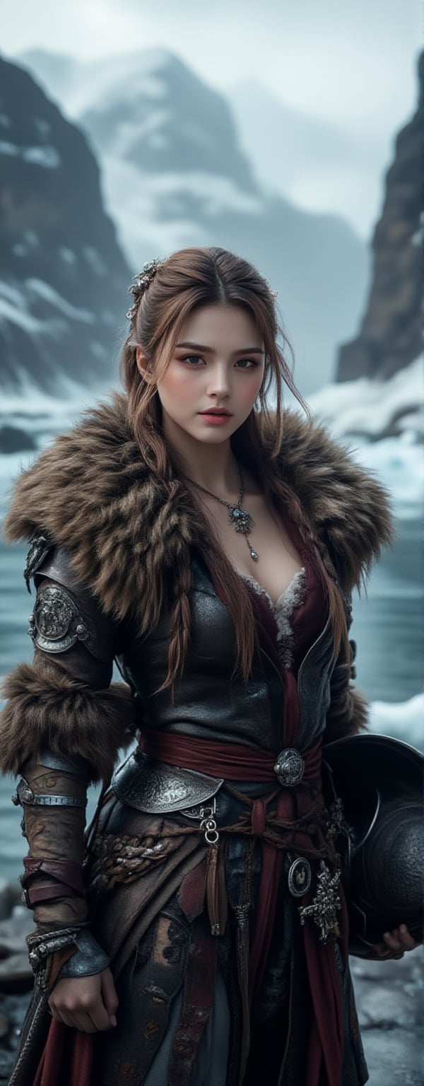 Best quality, masterpiece, ultra high res, (photorealistic:1.5), raw photo, (Masterpiece, Top Quality, Best Quality, Official Art, Beauty and Aesthetics: 1.2), A Viking woman warrior stands proudly by the Icelandic waterfront, her eyes filled with determination and courage. She wears a battle-worn leather and fur armor, with an iron helmet in her hand and a sword strapped to her waist. Her long braided hair is tossed by the cold wind. Behind her, the icy waters of the fjord reflect the moody sky, and tall, jagged cliffs rise from the sea, creating a dramatic and powerful background.