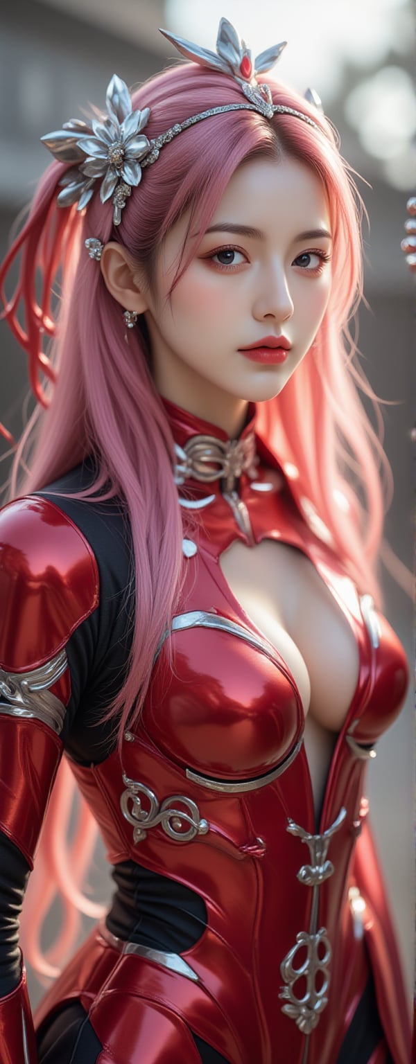 Best quality, masterpiece, ultra high res, (photorealistic:1.5), raw photo, (Masterpiece, Top Quality, Best Quality, Official Art, Beauty and Aesthetics: 1.2), A cybernetic warrior with long pink hair stands poised, her red and silver mech armor gleaming under a bright light source. The armor’s hard, metallic surfaces reflect the light like polished steel, creating brilliant reflections and sharp glimmers as she moves. The gleaming metal gives off a cool, futuristic vibe, highlighting the precision and craftsmanship of her suit. Her calm demeanor is enhanced by the dynamic lighting, which creates strong contrasts between her serene expression and the glowing reflections on her armor. The metallic headgear shines with an ethereal glow, completing the high-tech, sci-fi aesthetic. Eroflo,