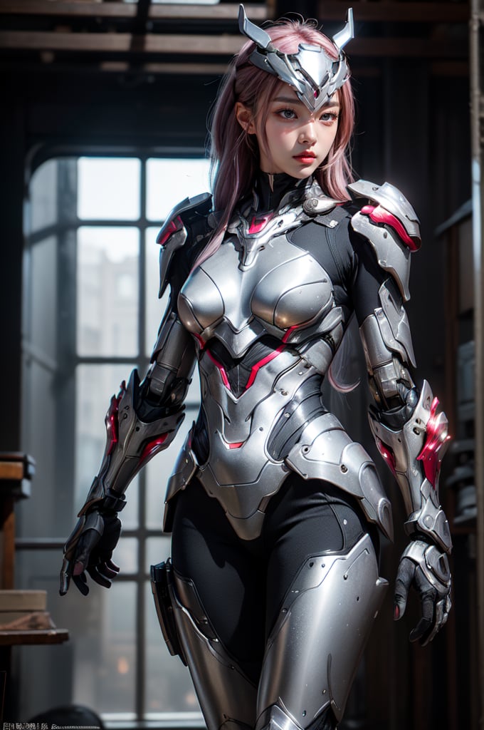 Best quality, masterpiece, ultra high res, (photorealistic:1.5), raw photo, (Masterpiece, Top Quality, Best Quality, Official Art, Beauty and Aesthetics: 1.2), 1girl, long black hair, Medusa, A cybernetic warrior with long pink hair stands poised, her red and silver mech armor gleaming under a bright light source. The armor’s hard, metallic surfaces reflect the light like polished steel, creating brilliant reflections and sharp glimmers as she moves. The gleaming metal gives off a cool, futuristic vibe, highlighting the precision and craftsmanship of her suit. Her calm demeanor is enhanced by the dynamic lighting, which creates strong contrasts between her serene expression and the glowing reflections on her armor. The metallic headgear shines with an ethereal glow, completing the high-tech, sci-fi aesthetic.,Eroflo,meidusha,1girl,Hanfu, KOLNB,forehead mark, high contrast, (grayscale:-1.5)