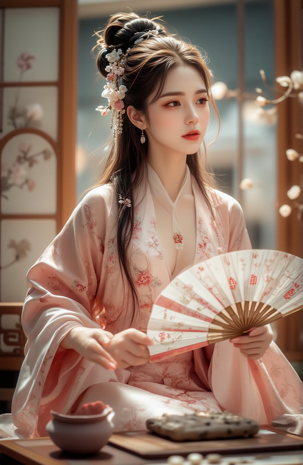 Best quality, masterpiece, ultra high res, (photorealistic:1.5), raw photo, (Masterpiece, Top Quality, Best Quality, Official Art, Beauty and Aesthetics: 1.2), A woman in a soft, flowing kimono adorned with pastel floral motifs carefully contemplates her next move in a game of Go. With a graceful posture, she holds a hand fan, its delicate kanji symbols reflecting her refined taste. Her other hand hovers above the Go board as she places a stone with quiet focus. Beside her, a traditional tea set subtly enhances the elegance of the scene, while sunlight bathes her in a warm, ethereal glow, creating an intimate and culturally rich moment.