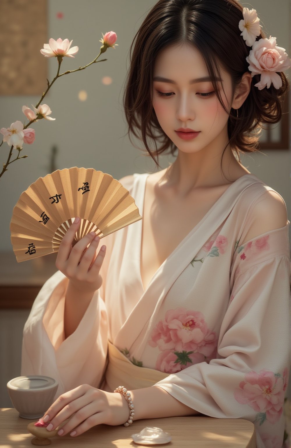 Best quality, masterpiece, ultra high res, (photorealistic:1.5), raw photo, (Masterpiece, Top Quality, Best Quality, Official Art, Beauty and Aesthetics: 1.2), A woman in a soft, flowing kimono adorned with pastel floral motifs carefully contemplates her next move in a game of Go. With a graceful posture, she holds a hand fan, its delicate kanji symbols reflecting her refined taste. Her other hand hovers above the Go board as she places a stone with quiet focus. Beside her, a traditional tea set subtly enhances the elegance of the scene, while sunlight bathes her in a warm, ethereal glow, creating an intimate and culturally rich moment.