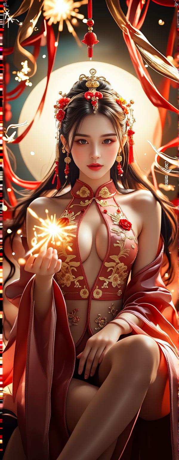 Best quality, masterpiece, ultra high res, (photorealistic:1.5), raw photo, (Masterpiece, Top Quality, Best Quality, Official Art, Beauty and Aesthetics: 1.2), A graceful young woman is adorned in a striking Chinese *qipao*—a short-sleeved, high-slit dress—embroidered with delicate red and gold floral motifs. The high slit elegantly reveals her legs as she sits gracefully at the center of the frame. Her gaze is directed calmly toward the camera, exuding both confidence and serenity. In one hand, she delicately holds a lit sparkler, its golden sparks cascading like stardust. The shot captures her from head to thigh, framed by translucent silk ribbons that float around her in the air. Behind her, a glowing full moon adds a celestial backdrop, while tendrils of golden light and sparkler flames dance around her, imbuing the scene with a mystical, magical aura. The sparkler, combined with the luxurious *qipao*, gives the image a harmonious blend of traditional elegance and playful whimsy.