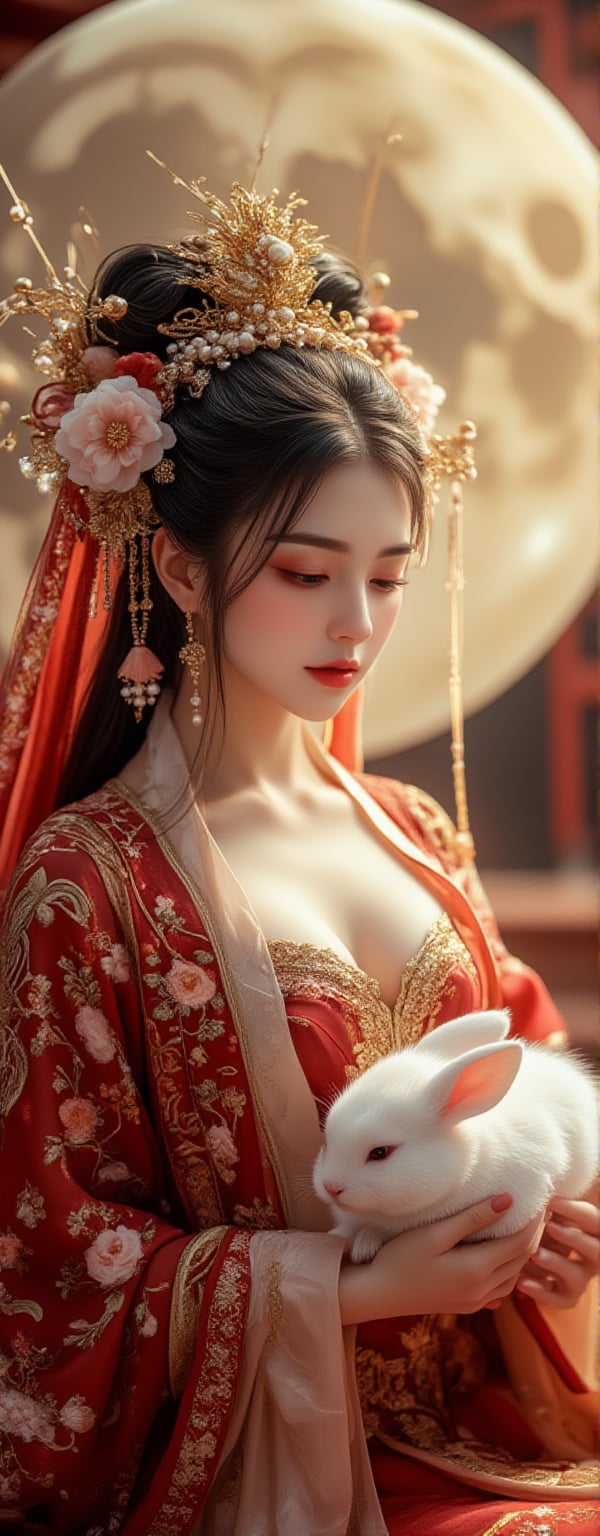 Best quality, masterpiece, ultra high res, (photorealistic:1.5), raw photo, (Masterpiece, Top Quality, Best Quality, Official Art, Beauty and Aesthetics: 1.2), A graceful young woman adorned in an ornate Chinese imperial gown, rich with intricate red and gold embroidery, delicately cradles a pure white rabbit in her lap. Her robe features detailed floral patterns and shimmering gold thread, with long, translucent silk sashes drifting weightlessly from her sleeves, creating the illusion of floating in the air. Her delicate face is framed by an exquisite headdress of pearls and golden filigree, while her serene expression reflects the radiant glow of the full moon behind her. Golden tendrils of light and mist-like silk swirl around her, evoking an ethereal, otherworldly presence, as if she is a celestial deity. The rabbit nestled peacefully in her hands adds a sense of purity and calm, perfectly harmonizing with her divine elegance and the magical atmosphere of the night.