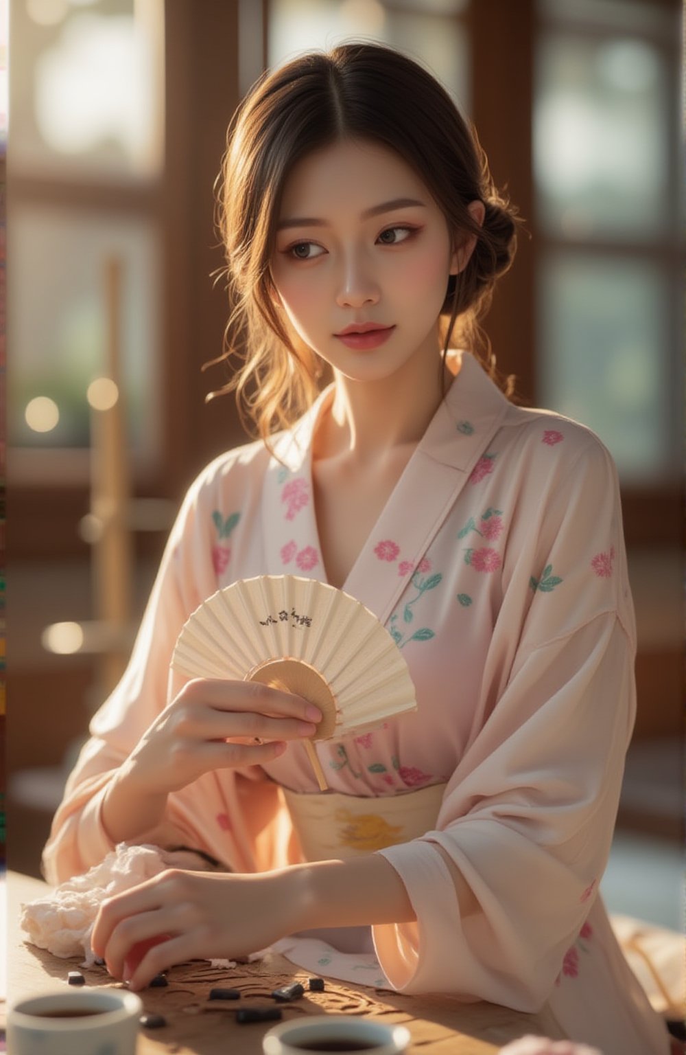 Best quality, masterpiece, ultra high res, (photorealistic:1.5), raw photo, (Masterpiece, Top Quality, Best Quality, Official Art, Beauty and Aesthetics: 1.2), A woman in a soft, flowing kimono adorned with pastel floral motifs carefully contemplates her next move in a game of Go. With a graceful posture, she holds a hand fan, its delicate kanji symbols reflecting her refined taste. Her other hand hovers above the Go board as she places a stone with quiet focus. Beside her, a traditional tea set subtly enhances the elegance of the scene, while sunlight bathes her in a warm, ethereal glow, creating an intimate and culturally rich moment.