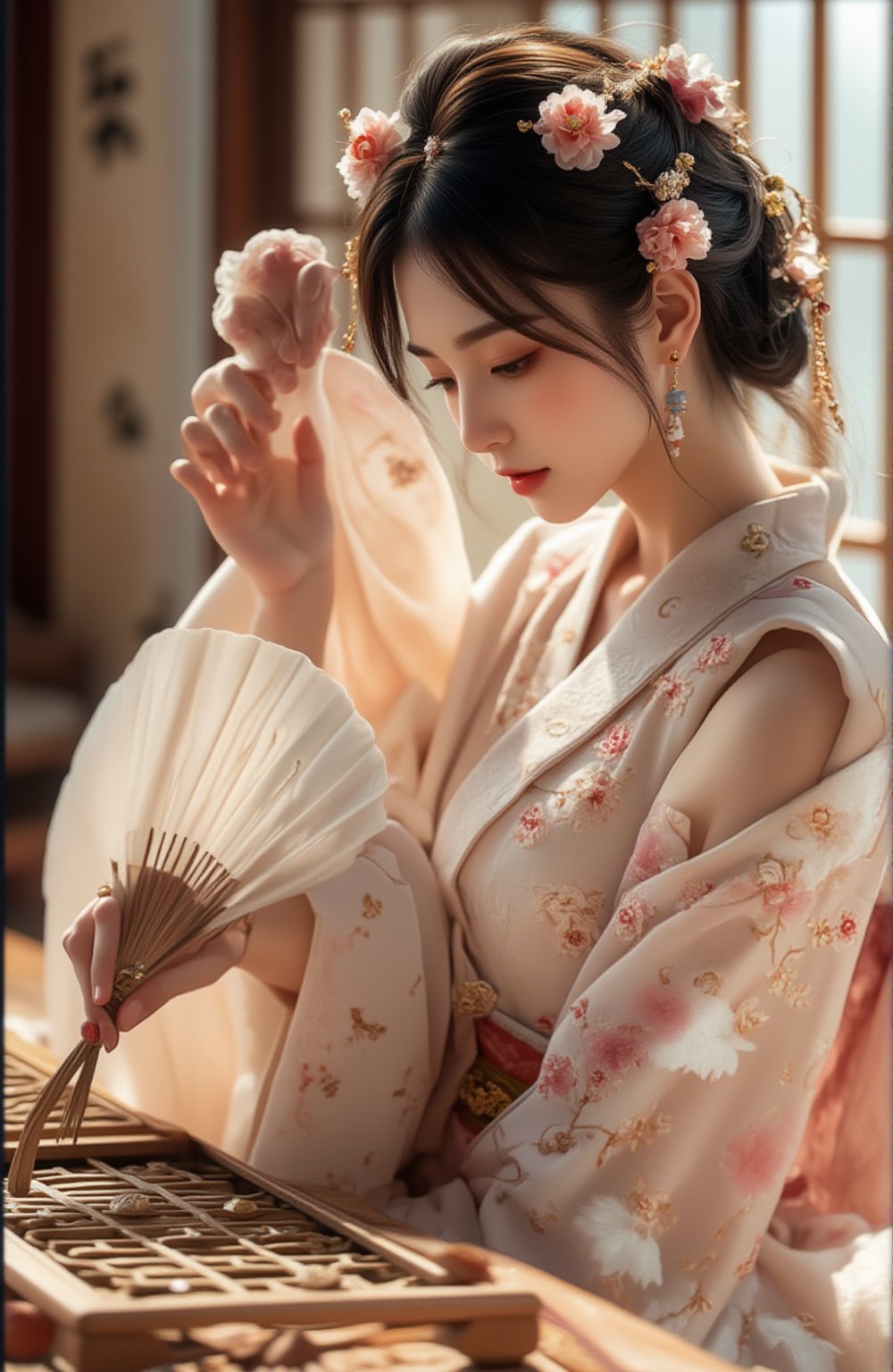 Best quality, masterpiece, ultra high res, (photorealistic:1.5), raw photo, (Masterpiece, Top Quality, Best Quality, Official Art, Beauty and Aesthetics: 1.2), A woman in a soft, flowing kimono adorned with pastel floral motifs carefully contemplates her next move in a game of Go. With a graceful posture, she holds a hand fan, its delicate kanji symbols reflecting her refined taste. Her other hand hovers above the Go board as she places a stone with quiet focus. Beside her, a traditional tea set subtly enhances the elegance of the scene, while sunlight bathes her in a warm, ethereal glow, creating an intimate and culturally rich moment.