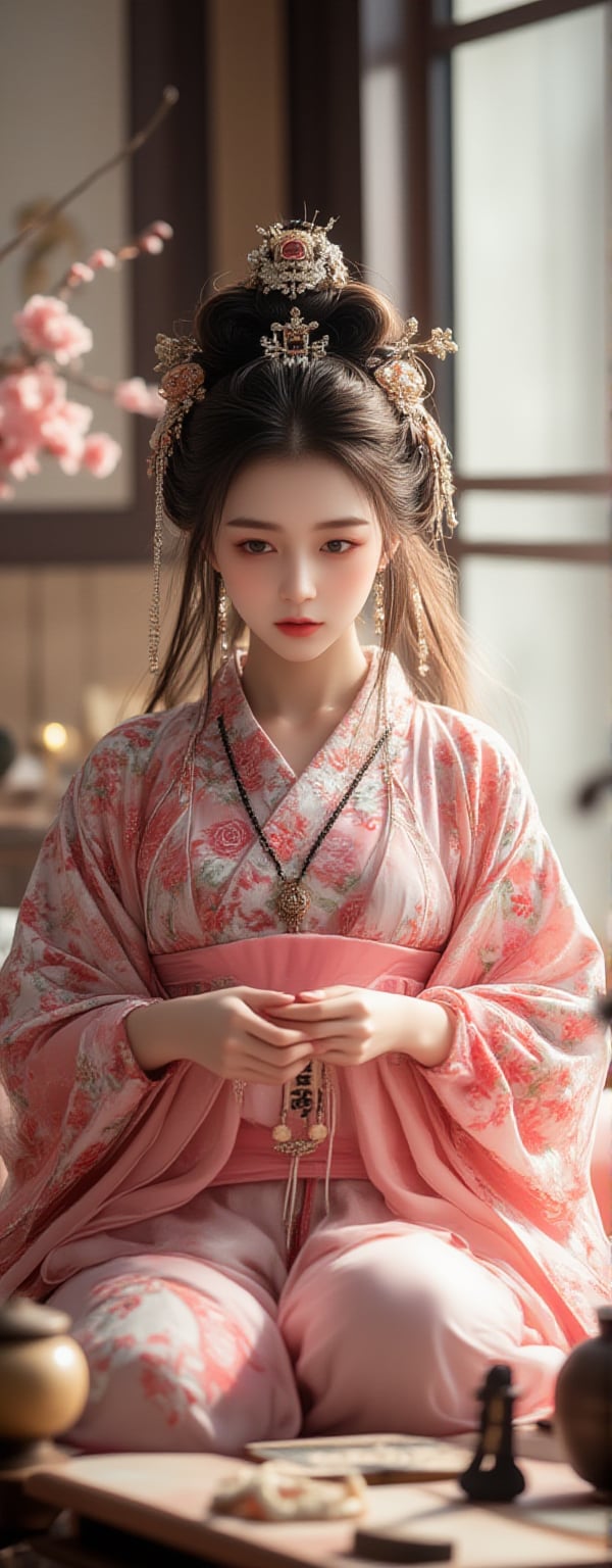 Best quality, masterpiece, ultra high res, (photorealistic:1.5), raw photo, (Masterpiece, Top Quality, Best Quality, Official Art, Beauty and Aesthetics: 1.2), A serene scene featuring a young woman dressed in a vibrant pink and white floral-patterned kimono, elegantly seated by a traditional Go board. Her delicate hands gently position a Go stone, while she holds an ornate fan with kanji symbols in her other hand. A classic tea set rests nearby, hinting at a peaceful tea ceremony, as soft, diffused sunlight filters through, casting a calming glow over her. The composition exudes a tranquil, meditative ambiance reminiscent of classical Japanese culture.