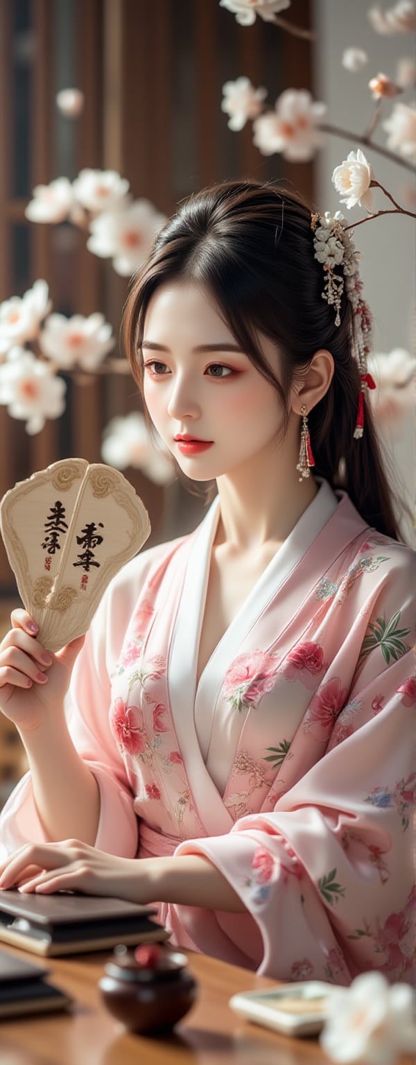 A well-dressed woman stands beside a super car, Best quality, masterpiece, ultra high res, (photorealistic:1.5), raw photo, (Masterpiece, Top Quality, Best Quality, Official Art, Beauty and Aesthetics: 1.2), A delicate portrait of a woman dressed in an exquisite pink and white floral kimono, engaged in a quiet game of Go. She gracefully holds a hand fan, painted with subtle kanji characters, while her fingers carefully position a stone on the board. A small, elegant tea set is placed nearby, and the soft glow of natural light creates a harmonious balance between light and shadow, capturing the serene essence of traditional Japanese aesthetics,Eroflo