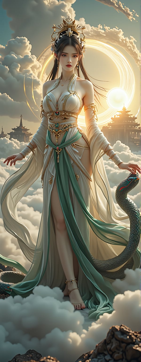 Best quality, masterpiece, ultra high res, (photorealistic:1.5), raw photo, (Masterpiece, Top Quality, Best Quality, Official Art, Beauty and Aesthetics: 1.2), A majestic depiction of Nüwa, the ancient Chinese goddess with a human head and a snake's body. Her upper body features elegant, flowing robes adorned with intricate golden embroidery, and (her snake tail begins gracefully from her waist:1.5), shimmering with iridescent scales in shades of emerald and sapphire. She is surrounded by a celestial landscape of swirling clouds, glowing with a soft golden light, holding a glowing orb that symbolizes life and creation. In the background, ancient temples rise above a misty horizon, symbolizing her divine connection to the heavens,forehead mark, high contrast, (grayscale:-1.5)