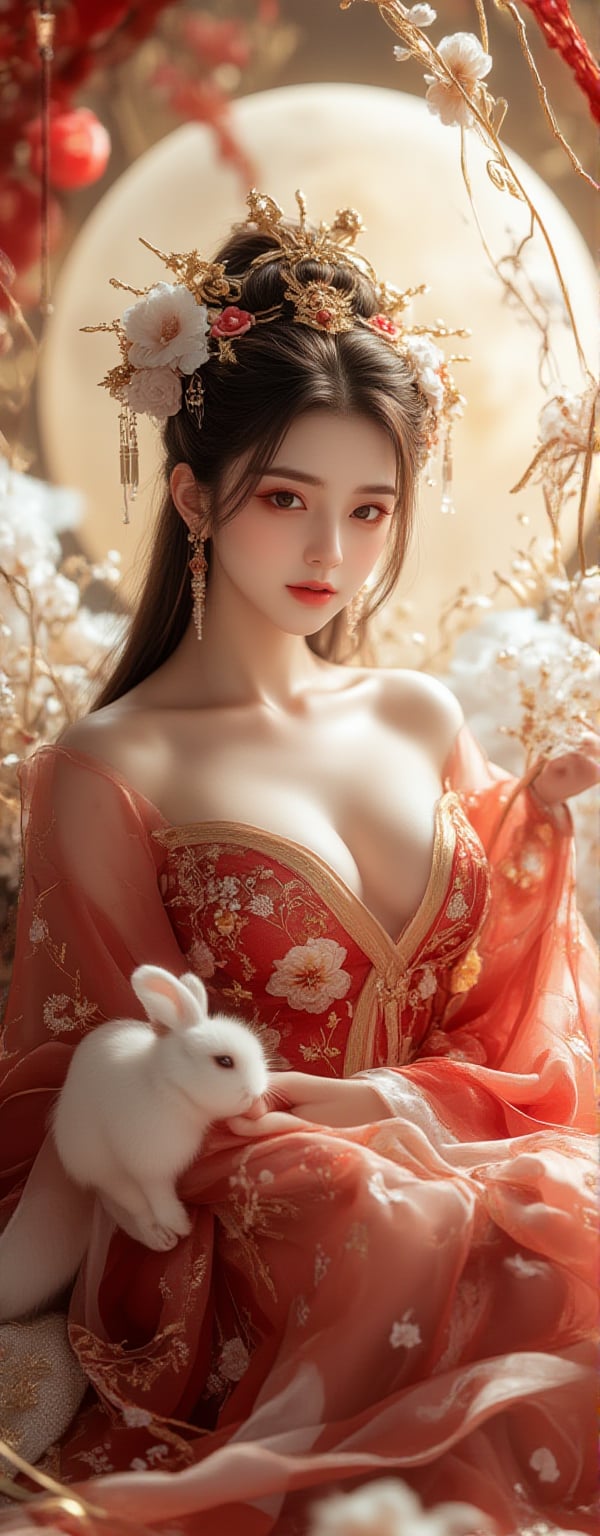 Best quality, masterpiece, ultra high res, (photorealistic:1.5), raw photo, (Masterpiece, Top Quality, Best Quality, Official Art, Beauty and Aesthetics: 1.2), A graceful young woman wearing a traditional Chinese *dudou*, richly embroidered in red and gold with delicate floral patterns, sits gracefully at the center of the frame. She gazes directly into the camera with a calm, almost divine expression, holding a pure white rabbit gently in her hands. The *dudou*'s shimmering fabric accentuates her elegance, while translucent silk ribbons float weightlessly around her, adding a touch of softness and grace. The shot captures her from head to thigh, framed by the soft glow of a full moon behind her. Golden tendrils of light dance around her, amplifying the sense of her celestial, goddess-like aura. The floating silk and the peaceful rabbit she holds give the scene a mystical, ethereal feel.