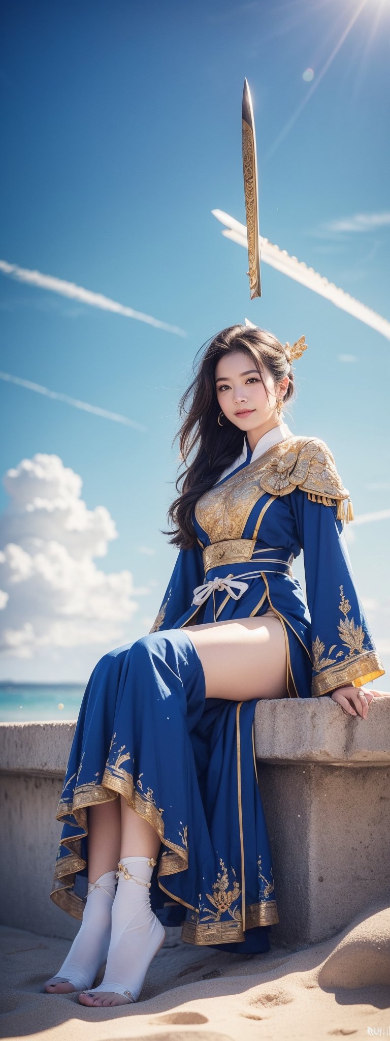 1girl, solo, long hair, looking at viewer, smile, black hair, hair ornament, thighhighs, dress, holding, jewelry, sitting, ponytail, weapon, earrings, outdoors, sky, day, sword, cloud, water, holding weapon, armor, blue sky, beach

The image features a digitally rendered character resembling an East Asian warrior, seated on a beach. The character has long dark hair, a poised expression, and is adorned with traditional armor that includes gold and blue hues with intricate designs. The armor is complemented by a blue robe that drapes elegantly around the figure. In one hand, the character holds a staff, suggesting a status of nobility or combat readiness. The background depicts a bustling beach scene with people in casual attire, indicating a contemporary setting. The presence of a temple-like structure hints at cultural significance.
 (1girl :1.4), (RAW Photo, Best Quality), (Real, Photo Real: 1.1), Best Quality, Masterpiece, Beauty and Aesthetics, 16K, (HDR: 1.2), High Contrast, (Vivid Colors: 1.3) , (soft colors, dull colors, soothing tones: 1.2), cinematic lighting, ambient light, side lighting, fine details and textures, cinematic lenses, warm colors, (bright and intense: 1.1), wide angle lenses, surreal illustrations, Siena's natural proportions, silver hair, dynamic posture, precise anatomy of body and hands, four fingers and a thumb