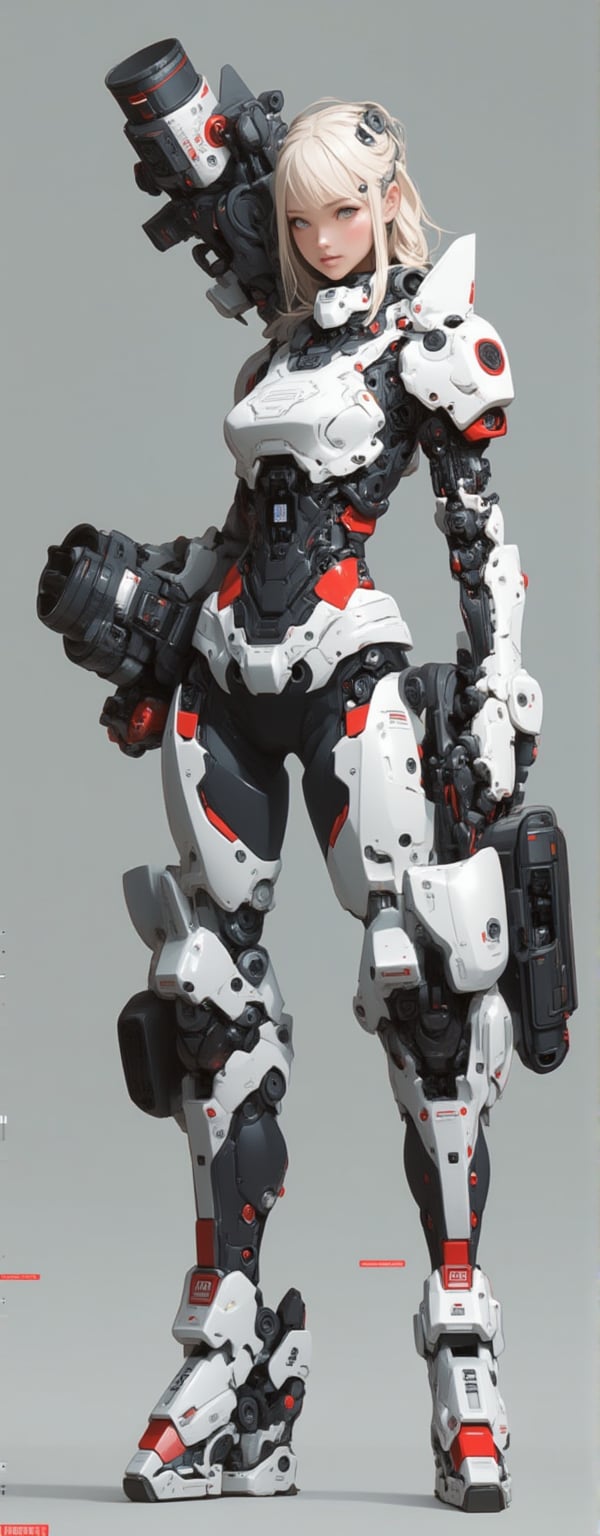 Best quality, masterpiece, ultra high res, (photorealistic:1.4), raw photo, (Masterpiece, Top Quality, Best Quality, Official Art, Beauty and Aesthetics: 1.2), Clad in a high-tech armored suit, a blonde-haired maiden readies herself for an imminent battle. Her advanced exosuit, designed for both offense and defense, features sleek white plates with red accents and mechanical enhancements that boost her physical abilities. A massive cannon rests on her right arm, while her left hand grips a blade designed for close combat. With a composed expression, she stands in a pose of controlled power, embodying the perfect mix of grace and strength.