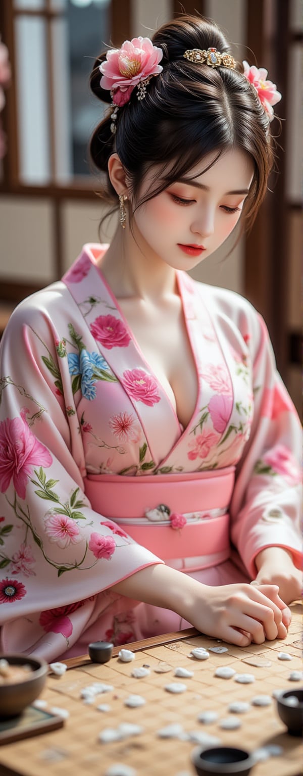 A well-dressed woman stands beside a super car, Best quality, masterpiece, ultra high res, (photorealistic:1.5), raw photo, (Masterpiece, Top Quality, Best Quality, Official Art, Beauty and Aesthetics: 1.2), A serene scene featuring a young woman in a vibrant pink and white floral-patterned kimono, seated at a traditional Go board. The Go board, marked with a precise 19x19 grid, is scattered with white and black Go stones in the midst of a tense match. Her delicate hands are in the process of positioning a smooth white stone, while she holds an ornate fan with kanji symbols in her other hand. A classic tea set rests nearby, hinting at a peaceful tea ceremony, as soft, diffused sunlight filters through the room. The peaceful setting contrasts with the quiet intensity of the ongoing Go game, evoking a sense of strategy and reflection.,Eroflo