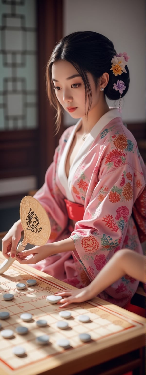 A well-dressed woman stands beside a super car, Best quality, masterpiece, ultra high res, (photorealistic:1.4), raw photo, (Masterpiece, Top Quality, Best Quality, Official Art, Beauty and Aesthetics: 1.2), A serene scene featuring a young woman in a vibrant pink and white floral-patterned kimono, seated at a traditional Go board. The Go board, marked with a precise 19x19 grid, is scattered with white and black Go stones in the midst of a tense match. Her delicate hands are in the process of positioning a smooth white stone, while she holds an ornate fan with kanji symbols in her other hand. A classic tea set rests nearby, hinting at a peaceful tea ceremony, as soft, diffused sunlight filters through the room. The peaceful setting contrasts with the quiet intensity of the ongoing Go game, evoking a sense of strategy and reflection.,Eroflo