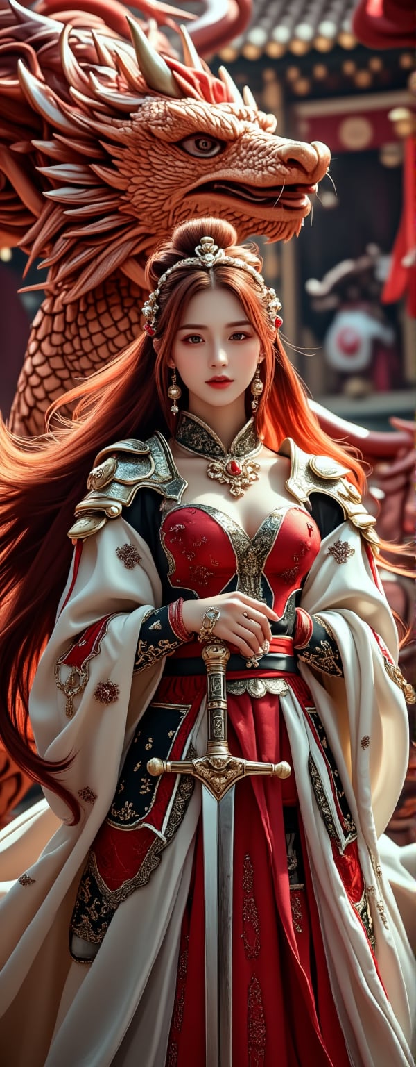 Best quality, masterpiece, ultra high res, (photorealistic:1.5), raw photo, (Masterpiece, Top Quality, Best Quality, Official Art, Beauty and Aesthetics: 1.2), A stunning Korean female warrior in Crusader armor stands resolutely, her hands wrapped around the handle of a huge two-handed sword thrust into the ground. By her side is a majestic red dragon, its scales gleaming under the sunlight. Her fiery red hair flows over her armor, casting a warm glow, while behind them, luxurious European architecture portrays a scene of nobility and elegance.