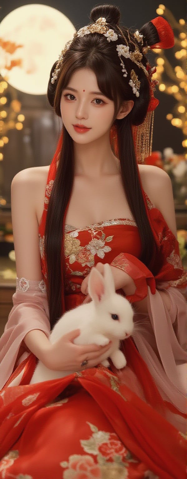 Best quality, masterpiece, ultra high res, (photorealistic:1.5), raw photo, (Masterpiece, Top Quality, Best Quality, Official Art, Beauty and Aesthetics: 1.2), A graceful young woman wearing a traditional Chinese *dudou*, richly embroidered in red and gold with delicate floral patterns, sits gracefully at the center of the frame. She gazes directly into the camera with a calm, almost divine expression, holding a pure white rabbit gently in her hands. The *dudou*'s shimmering fabric accentuates her elegance, while translucent silk ribbons float weightlessly around her, adding a touch of softness and grace. The shot captures her from head to thigh, framed by the soft glow of a full moon behind her. Golden tendrils of light dance around her, amplifying the sense of her celestial, goddess-like aura. The floating silk and the peaceful rabbit she holds give the scene a mystical, ethereal feel.