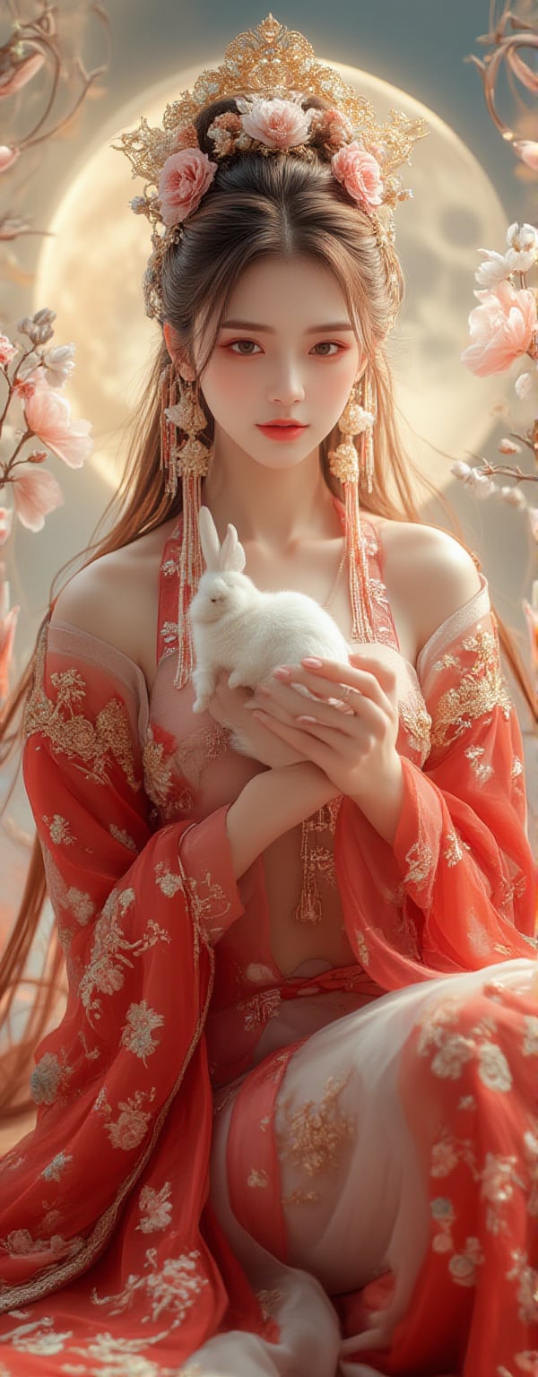 Best quality, masterpiece, ultra high res, (photorealistic:1.5), raw photo, (Masterpiece, Top Quality, Best Quality, Official Art, Beauty and Aesthetics: 1.2), A graceful young woman wearing a traditional Chinese *dudou*, richly embroidered in red and gold with delicate floral patterns, sits gracefully at the center of the frame. She gazes directly into the camera with a calm, almost divine expression, holding a pure white rabbit gently in her hands. The *dudou*'s shimmering fabric accentuates her elegance, while translucent silk ribbons float weightlessly around her, adding a touch of softness and grace. The shot captures her from head to thigh, framed by the soft glow of a full moon behind her. Golden tendrils of light dance around her, amplifying the sense of her celestial, goddess-like aura. The floating silk and the peaceful rabbit she holds give the scene a mystical, ethereal feel.