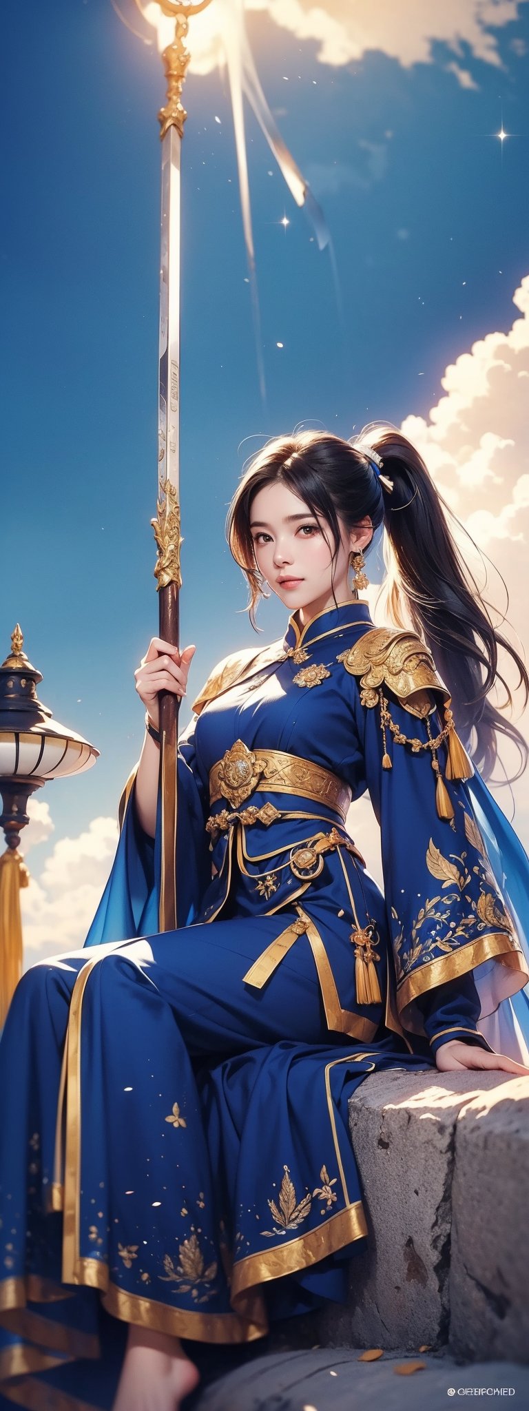 1girl, solo, long hair, looking at viewer, smile, black hair, hair ornament, thighhighs, dress, holding, jewelry, sitting, ponytail, weapon, earrings, outdoors, sky, day, sword, cloud, water, holding weapon, armor, blue sky, beach

The image features a digitally rendered character resembling an East Asian warrior, seated on a beach. The character has long dark hair, a poised expression, and is adorned with traditional armor that includes gold and blue hues with intricate designs. The armor is complemented by a blue robe that drapes elegantly around the figure. In one hand, the character holds a staff, suggesting a status of nobility or combat readiness. The background depicts a bustling beach scene with people in casual attire, indicating a contemporary setting. The presence of a temple-like structure hints at cultural significance.
 (1girl :1.4), (RAW Photo, Best Quality), (Real, Photo Real: 1.1), Best Quality, Masterpiece, Beauty and Aesthetics, 16K, (HDR: 1.2), High Contrast, (Vivid Colors: 1.3) , (soft colors, dull colors, soothing tones: 1.2), cinematic lighting, ambient light, side lighting, fine details and textures, cinematic lenses, warm colors, (bright and intense: 1.1), wide angle lenses, surreal illustrations, Siena's natural proportions, silver hair, dynamic posture, precise anatomy of body and hands, four fingers and a thumb