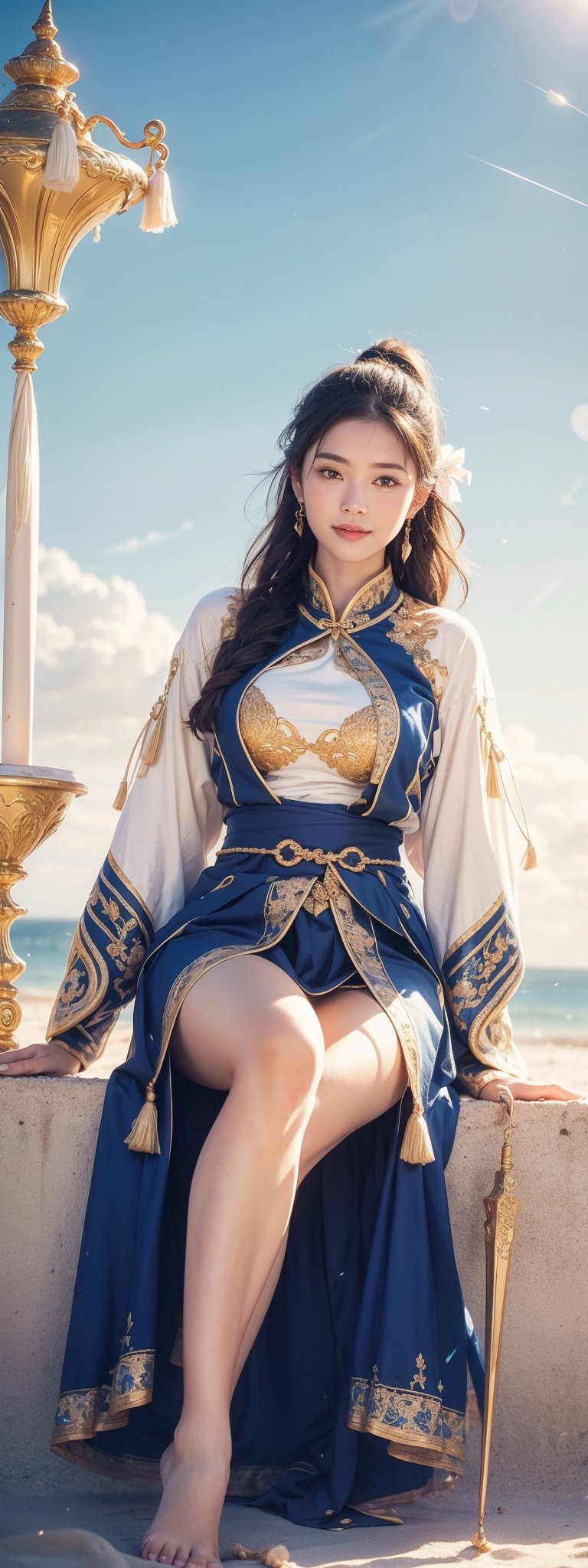 1girl, solo, long hair, looking at viewer, smile, black hair, hair ornament, thighhighs, dress, holding, jewelry, sitting, ponytail, weapon, earrings, outdoors, sky, day, sword, cloud, water, holding weapon, armor, blue sky, beach

The image features a digitally rendered character resembling an East Asian warrior, seated on a beach. The character has long dark hair, a poised expression, and is adorned with traditional armor that includes gold and blue hues with intricate designs. The armor is complemented by a blue robe that drapes elegantly around the figure. In one hand, the character holds a staff, suggesting a status of nobility or combat readiness. The background depicts a bustling beach scene with people in casual attire, indicating a contemporary setting. The presence of a temple-like structure hints at cultural significance.
 (1girl :1.4), (RAW Photo, Best Quality), (Real, Photo Real: 1.1), Best Quality, Masterpiece, Beauty and Aesthetics, 16K, (HDR: 1.2), High Contrast, (Vivid Colors: 1.3) , (soft colors, dull colors, soothing tones: 1.2), cinematic lighting, ambient light, side lighting, fine details and textures, cinematic lenses, warm colors, (bright and intense: 1.1), wide angle lenses, surreal illustrations, Siena's natural proportions, silver hair, dynamic posture, precise anatomy of body and hands, four fingers and a thumb