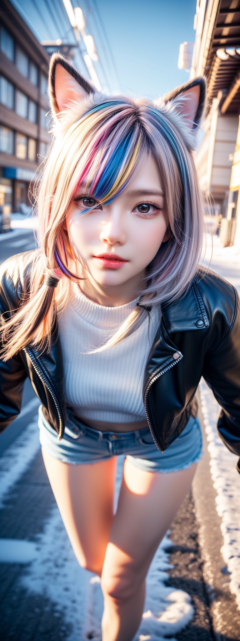 This Japanese women is a stunning representation of a princess, inspired by the Shishiro Botan. She wear blue Leather jacket, Leather shorts, Inseam Delta with red ankle-length hair and cat ears. In a heavy snow street, Many colorful flying lamps background, she is cover by snow flakes. She has a beautiful legs and smile on her face. Her hair is longer than before. She has more colorful clothes and accessories and more elder, ((ccbotan, short hair, multicolored hair, streaked hair, animal ears, hairclip, hair over one eye)),(realistic:1.0), photorealistic, octane render,(hyperrealistic:0.7) ,Korean,idol,1 girl,beauty,girl,aabotan, (Masterpiece, Top Quality, Best Quality, Official Art, Beauty and Aesthetics: 1.2), HDR, high contrast, wide shot, flying,solo