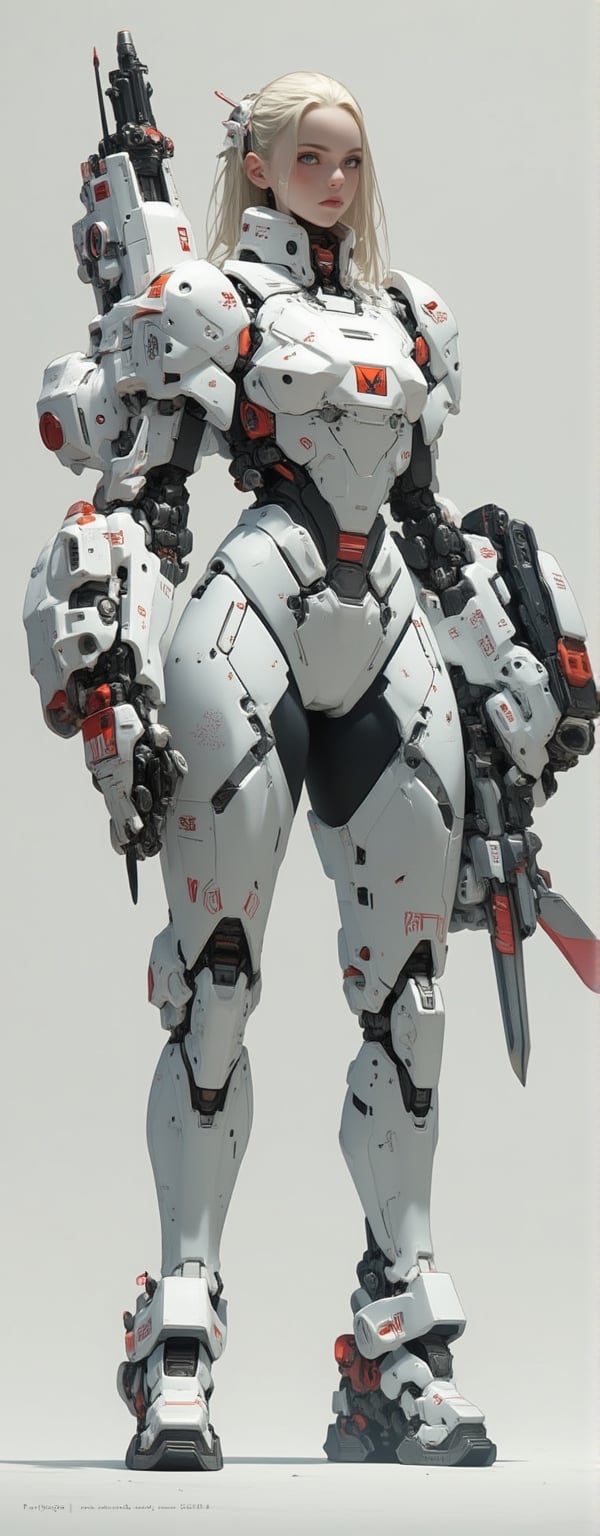 Best quality, masterpiece, ultra high res, (photorealistic:1.4), raw photo, (Masterpiece, Top Quality, Best Quality, Official Art, Beauty and Aesthetics: 1.2), Clad in a high-tech armored suit, a blonde-haired maiden readies herself for an imminent battle. Her advanced exosuit, designed for both offense and defense, features sleek white plates with red accents and mechanical enhancements that boost her physical abilities. A massive cannon rests on her right arm, while her left hand grips a blade designed for close combat. With a composed expression, she stands in a pose of controlled power, embodying the perfect mix of grace and strength.