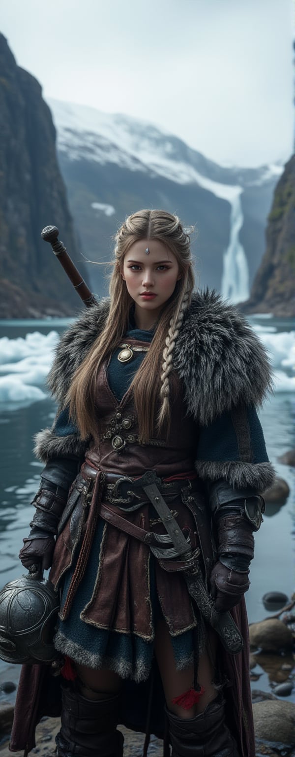 Best quality, masterpiece, ultra high res, (photorealistic:1.5), raw photo, (Masterpiece, Top Quality, Best Quality, Official Art, Beauty and Aesthetics: 1.2), A Viking woman warrior stands proudly by the Icelandic waterfront, her eyes filled with determination and courage. She wears a battle-worn leather and fur armor, with an iron helmet in her hand and a sword strapped to her waist. Her long braided hair is tossed by the cold wind. Behind her, the icy waters of the fjord reflect the moody sky, and tall, jagged cliffs rise from the sea, creating a dramatic and powerful background.