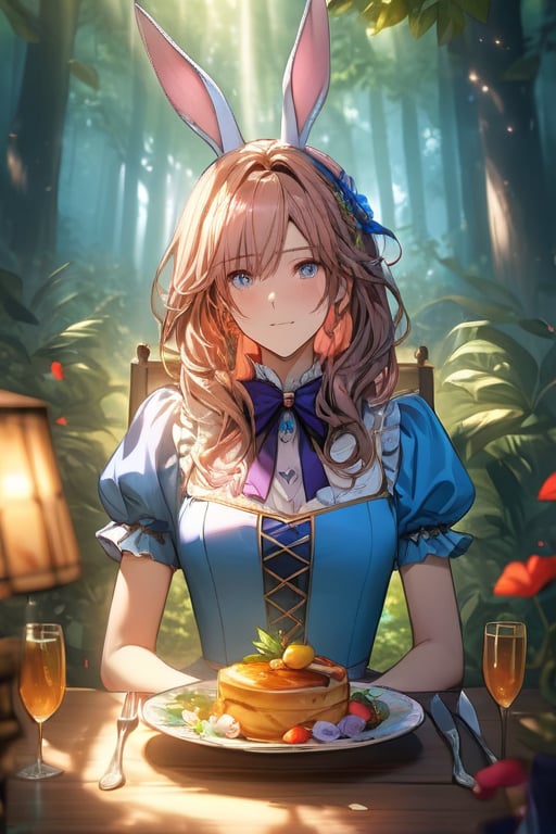 A vivid and fantastical "Alice in Wonderland" scene where a beautiful and mature Alice dines with the refined Rabbit Earl at a table in the forest. The scene is filled with cinematic fantasy elements, bursting with color, resembling a dream. Alice's outfit features a slightly open neckline and lace-up stockings that enhance her charm. Sunlight filters through the leaves, lighting up the table full of a variety of exquisite dishes, making the scene incredibly enchanting. Score: 9/10 for artistic mastery.,aerith gainsborough