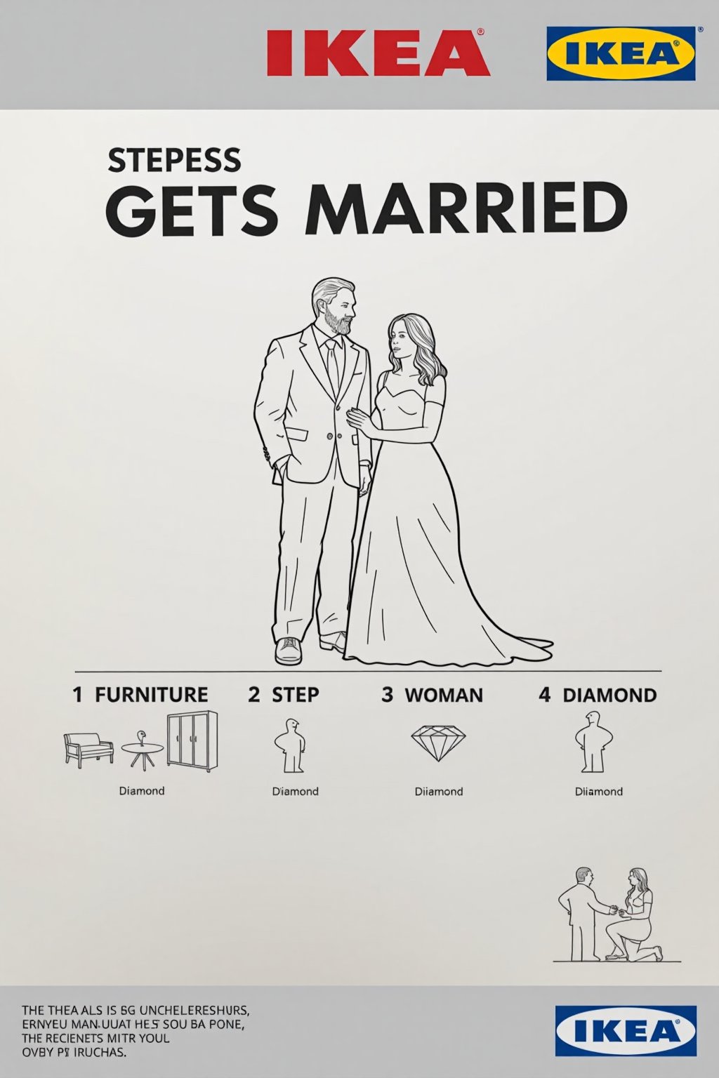 This image is a black-and-white line drawing, styled as a product listing for IKEA, featuring a couple getting married.

Below the couple, there are four numbered steps, each accompanied by a small, detailed illustration. Step 1: Furniture is shown, "Furniture". Step 2: A small woman is depicted, "Woman ". Step 3: A small diamond, "Diamond". Step 4: A small man kneeling, proposing to a small woman is illustrated, "Proposal".

The background is plain white, with the IKEA logo and "Pet Cat" in bold, uppercase letters at the top.
