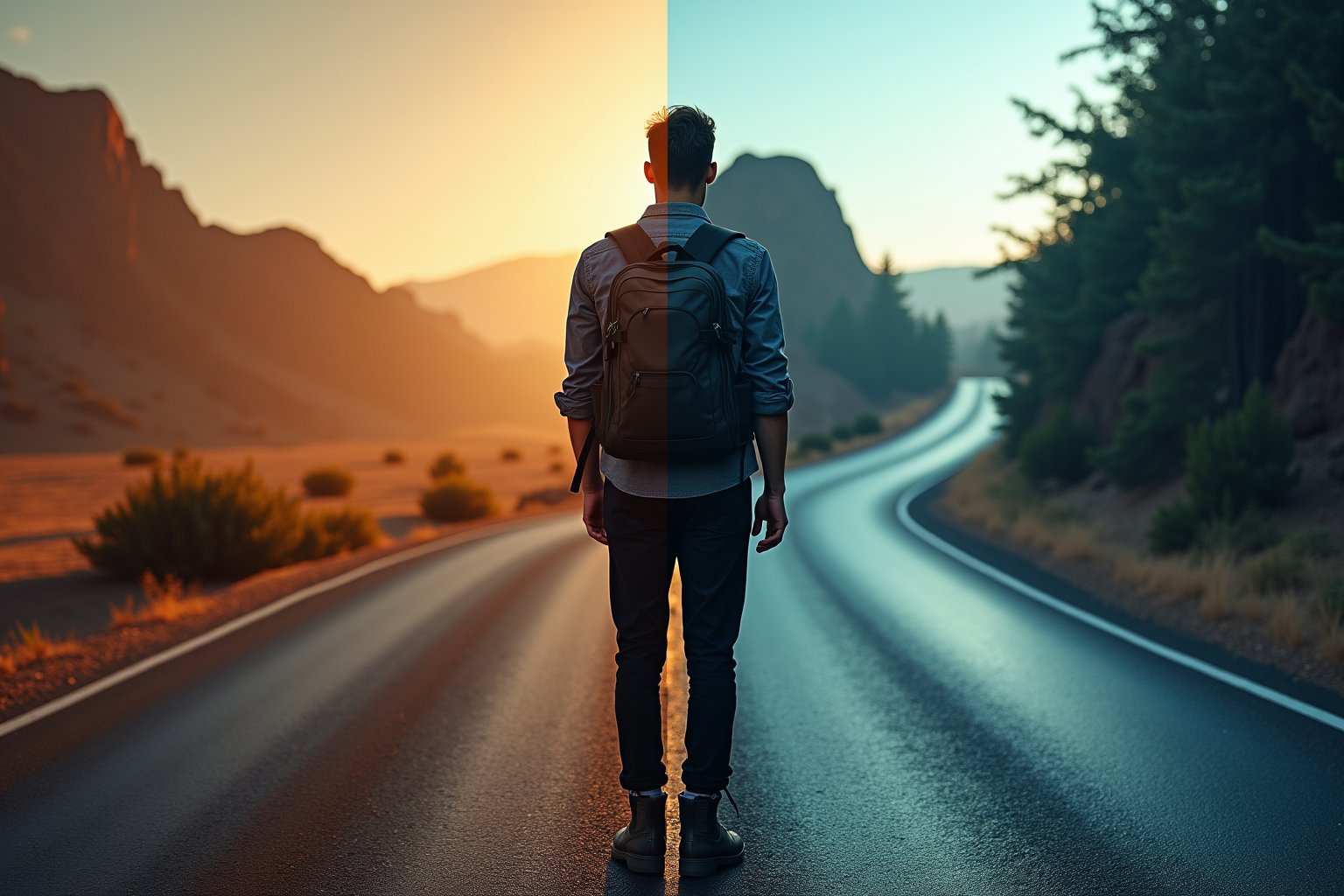 Image divided into two visually distinct regions blending together. On the left, a road that is leading toward a desert toward the left. On the right, a road that is lit brightly and leading to an oasis toward the right. Between the two images stands a man in a dark gray shirt, black pants, boots, carrying a backpack. Backview. He is looking toward the right