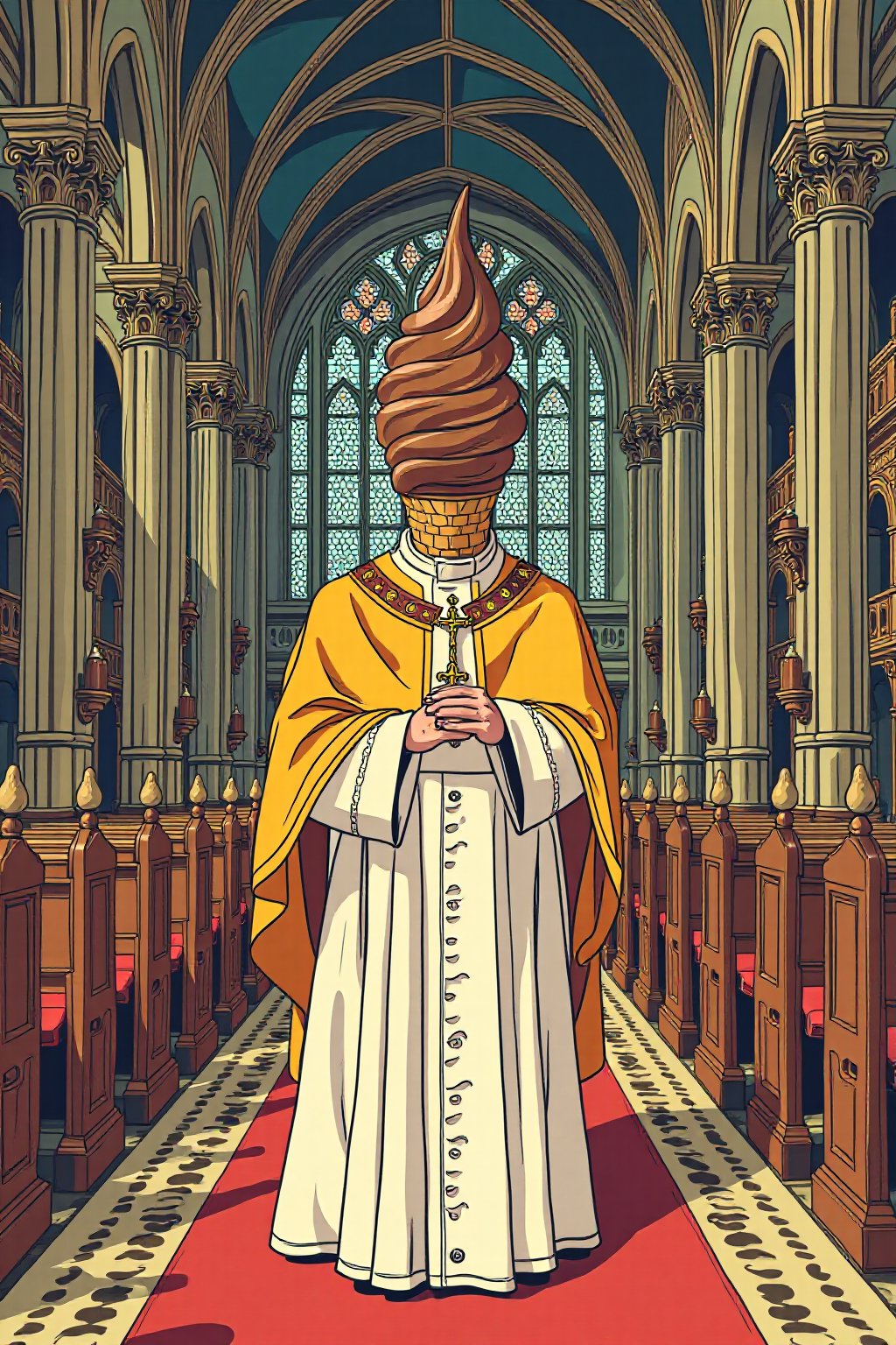 Pop art, graphic, 60s, Illustrate a surreal and whimsical scene of the Pope standing inside a grand, ornate church. The Pope is dressed in traditional papal robes, but with a humorous twist--his head is replaced by a perfectly swirled chocolate soft-serve ice cream cone. The church interior is richly detailed with stained glass windows, high arches, and gold accents, creating a contrast with the playful, unexpected ice cream head. The atmosphere should be a mix of reverence and light-hearted absurdity, blending the solemnity of the church setting with the whimsical and humorous nature of the Pope's ice cream swirl head.