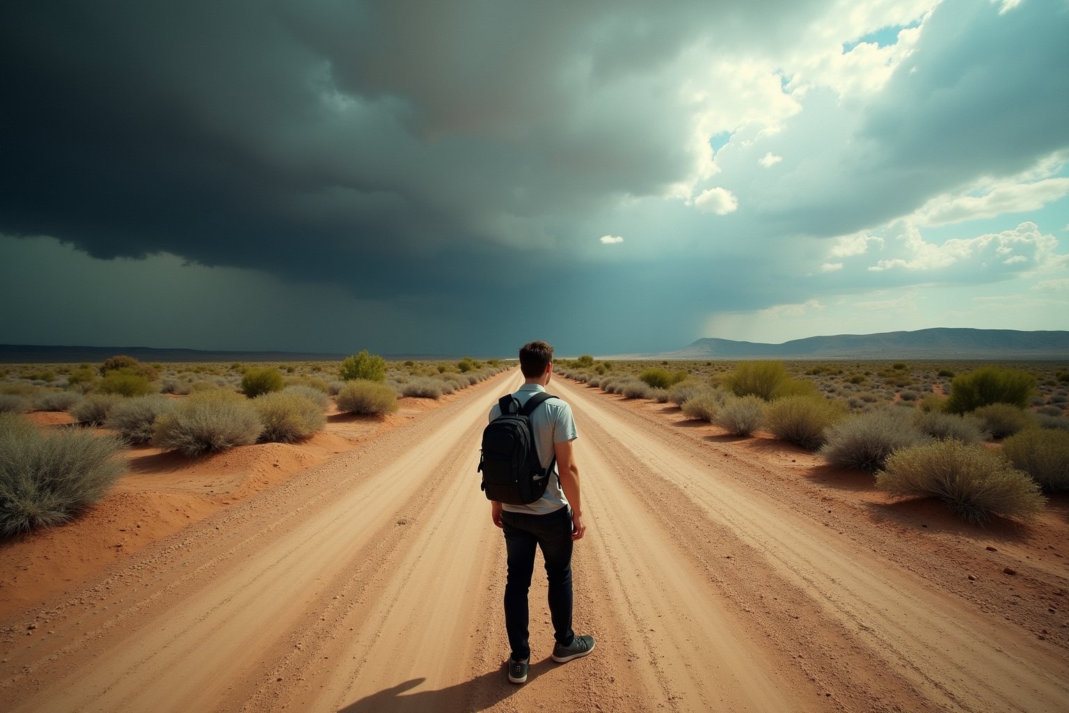 A T junction intersection in the desert with two separate paths leading off towards either side of frame. In the distance on the left road is a dark foreboding thunderstorm. In the distance on the right road is a bright and lush green oasis. A man in a gray shirt and black pants with a backpack stands at the intersection, looking right