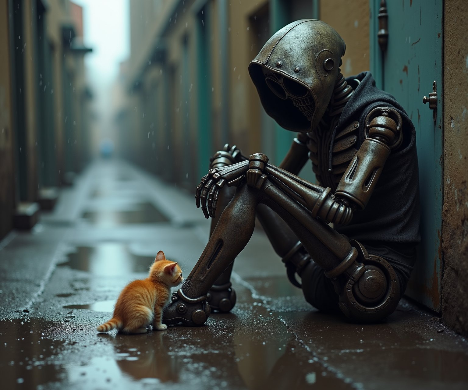 A abandoned terminator robot skeleton, covered in a hood, sits abandoned in a rain-soaked back alley. The weathered metal contrasts with the damp pavement, creating an eerie atmosphere. A curious kitten cautiously explores the skeleton's legs, its fur glistening with raindrops. The overall ambiance of the image is both melancholic and mysterious, evoking a sense of abandonment and the passage of time.