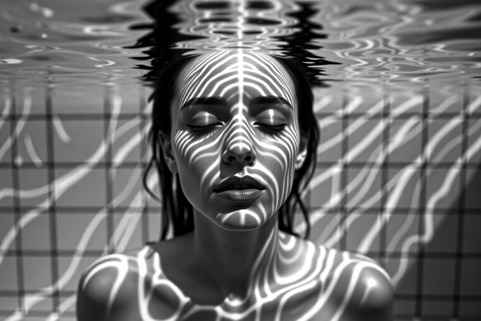 Black and White photo. Closeup shot of a serene and artistic underwater scene featuring a woman partially submerged in water. The water surface gently ripples above her head, creating intricate patterns of light and shadow on her face and body. Her eyes are closed, and her expression is peaceful and contemplative. The background is a tiled surface, blurred by the water, adding a sense of calm and isolation to the scene. The overall color palette is muted, with soft grayscale tones that enhance the tranquil, reflective atmosphere. The image captures the ethereal beauty of light and water interacting with human form, evoking a sense of introspection and quietude.