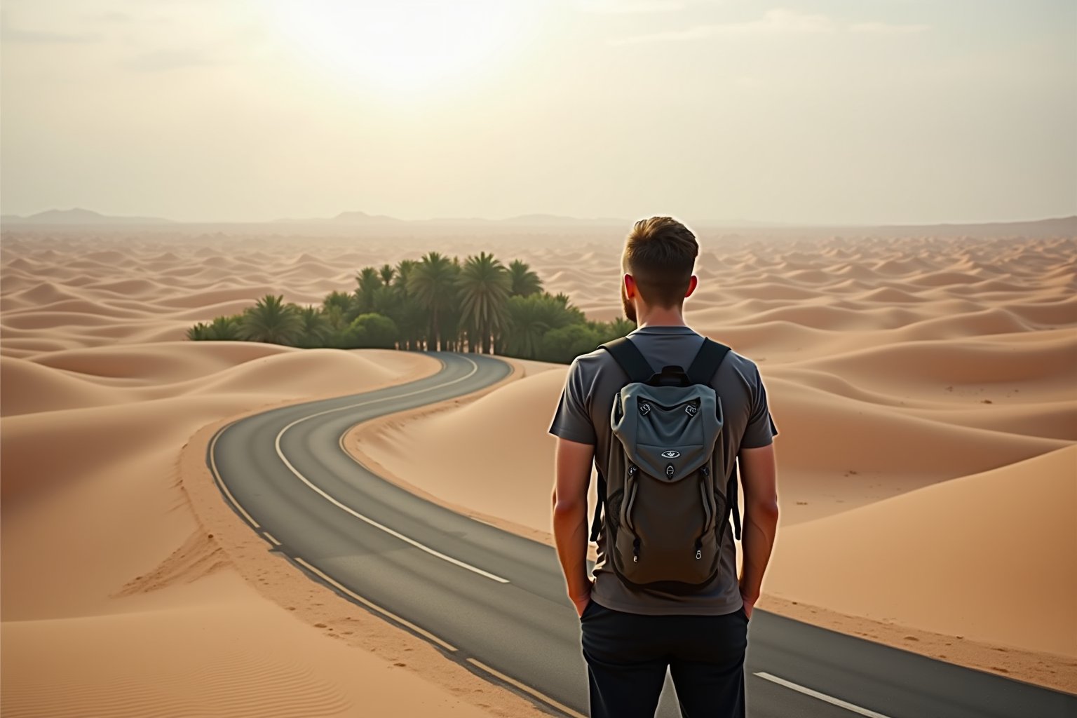 Two divergent road at a desert. The man wears a dark grey shirt and black pants wearing a backpack. The road on the right lead to a distant oasis, is covered by a bright light. The road on the left is covered by a dark shadow. The man looks toward the lush green oasis.