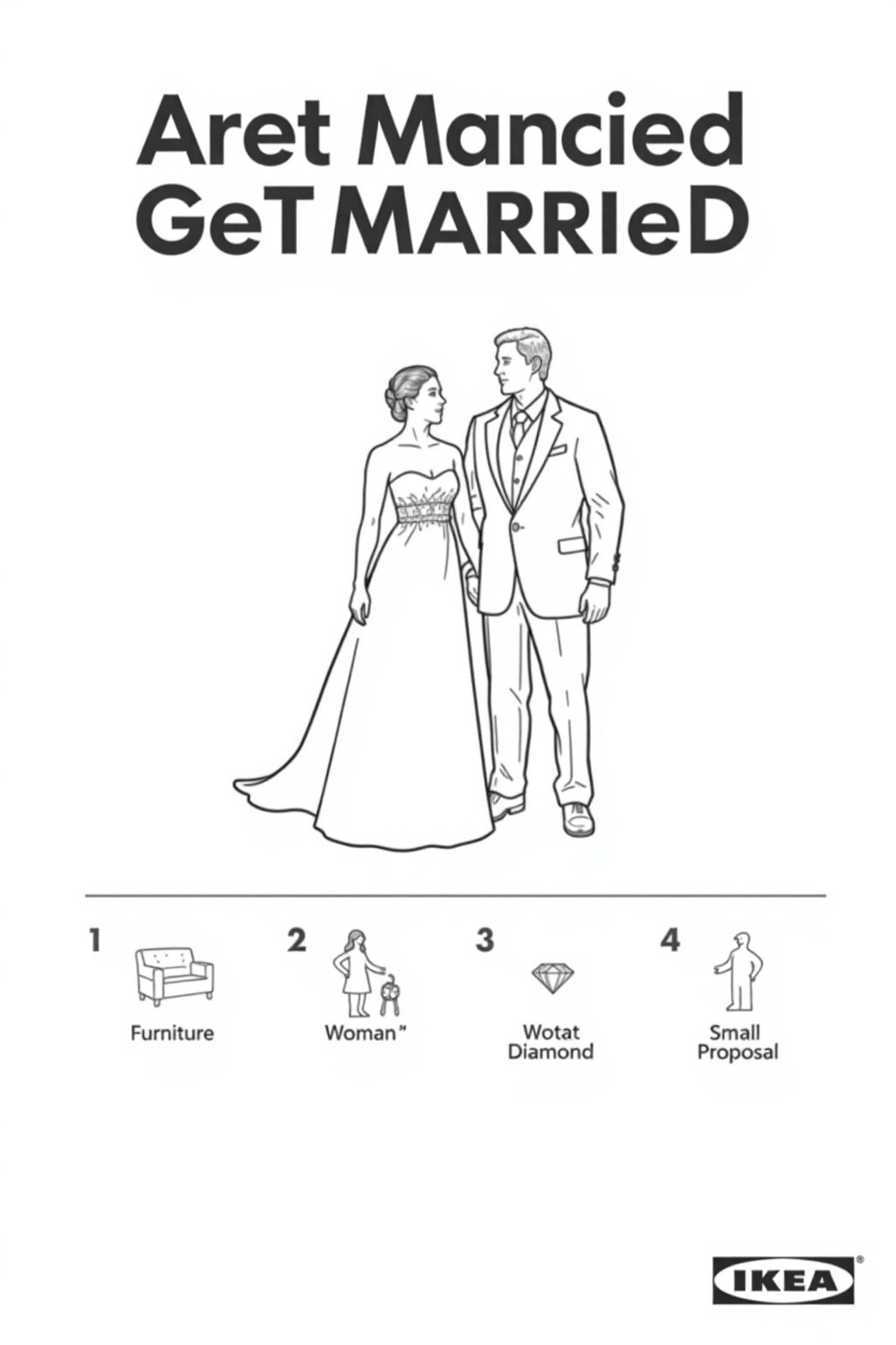 This image is a black-and-white line drawing, styled as a product listing for IKEA, featuring a couple getting married.

Below the couple, there are four numbered steps, each accompanied by a small, detailed illustration. Step 1: Furniture is shown, "Furniture". Step 2: A small woman is depicted, "Woman ". Step 3: A small diamond, "Diamond". Step 4: A small man kneeling, proposing to a small woman is illustrated, "Proposal". The background is plain white, with the IKEA logo and "Get Married" in bold, uppercase letters at the top.
